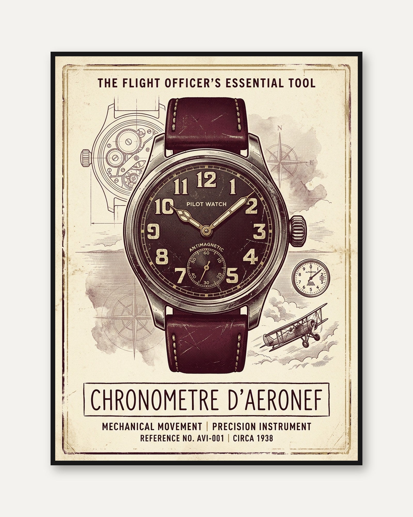 Vintage Pilot Watch Poster: Art Deco Aviation Instrument Print - framed