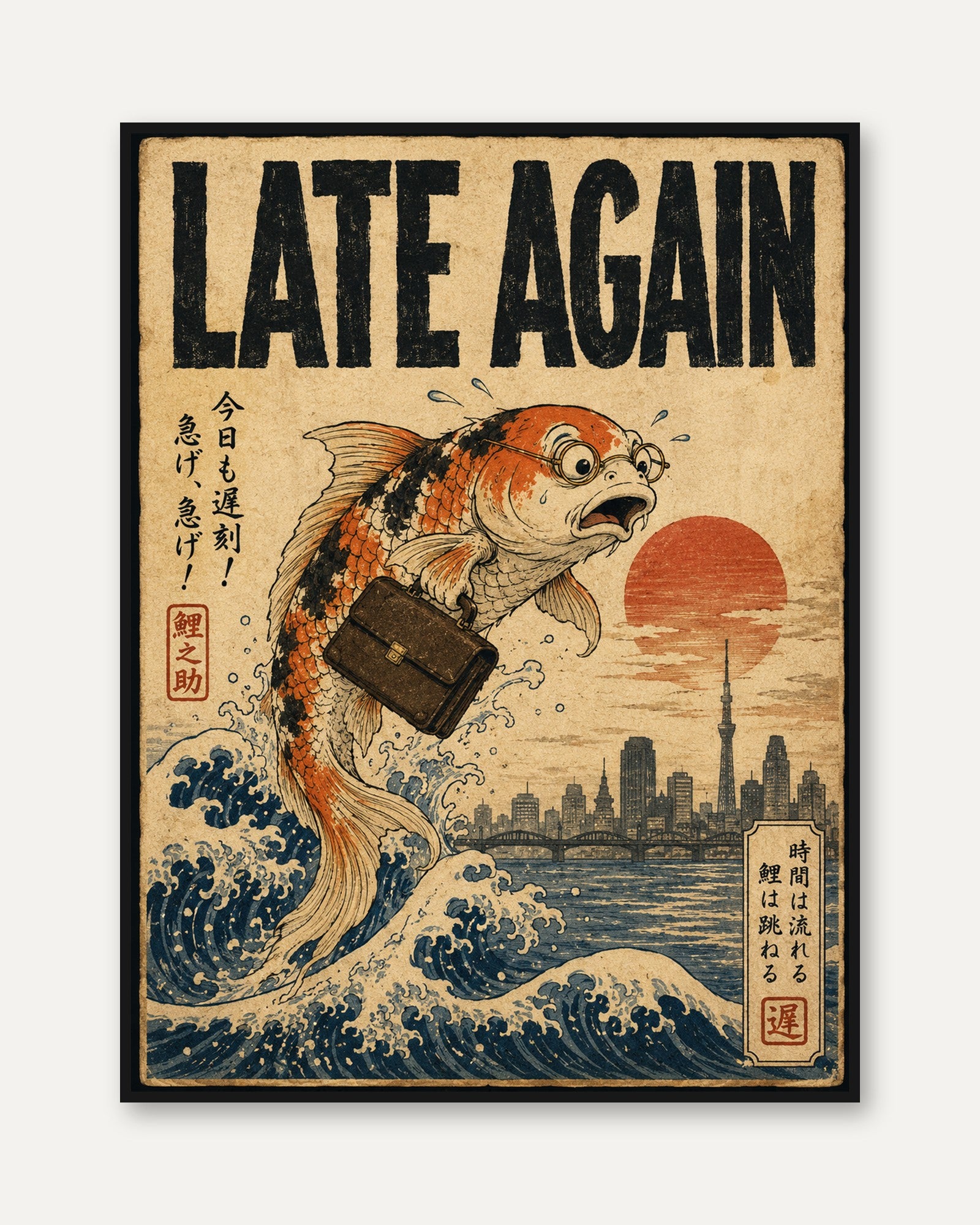 Late Again Koi Fish Print: Japanese Ukiyo-e Office Humor Art - framed