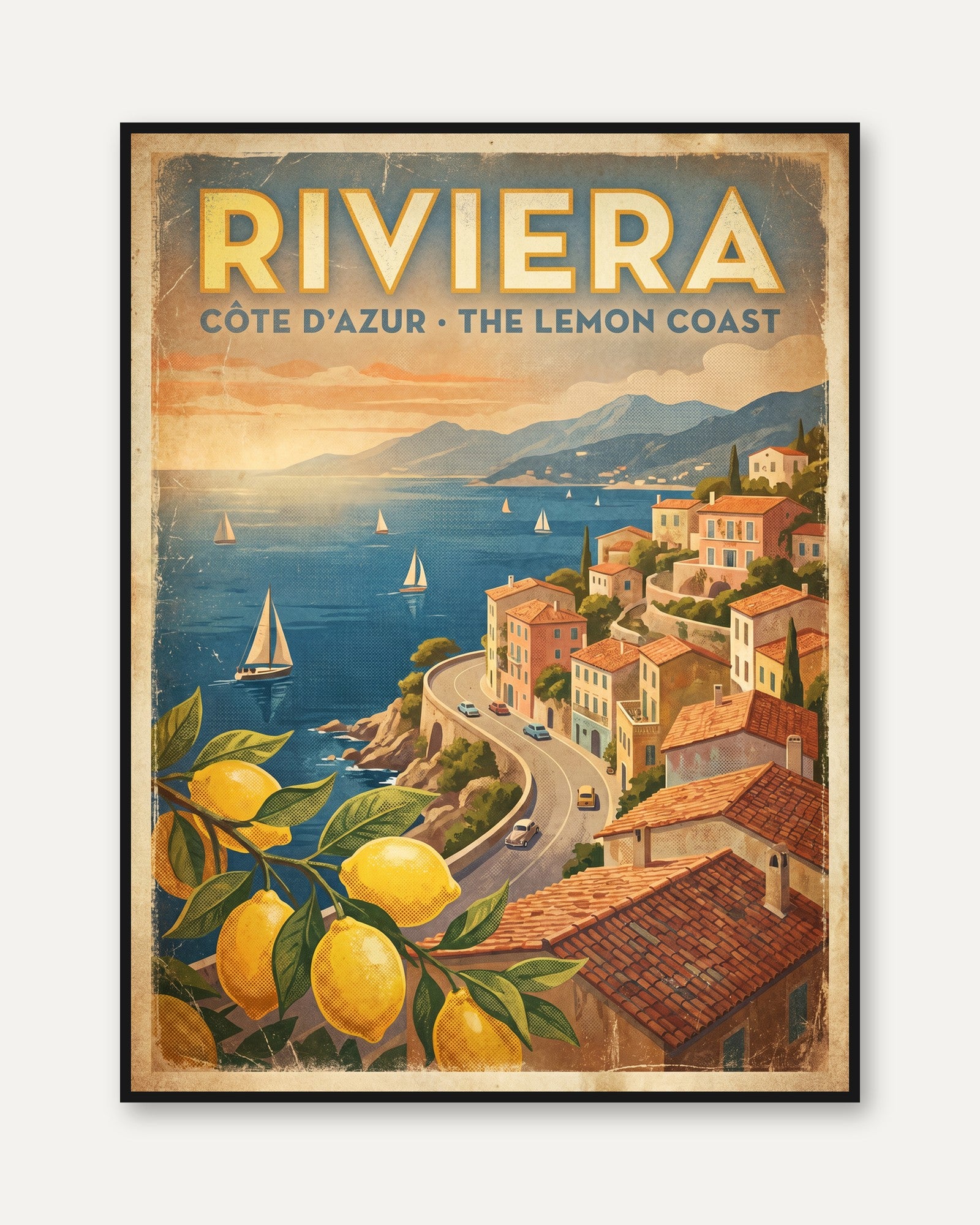 Vintage Riviera Travel Poster – French Côte d'Azur Lemon Coast - framed