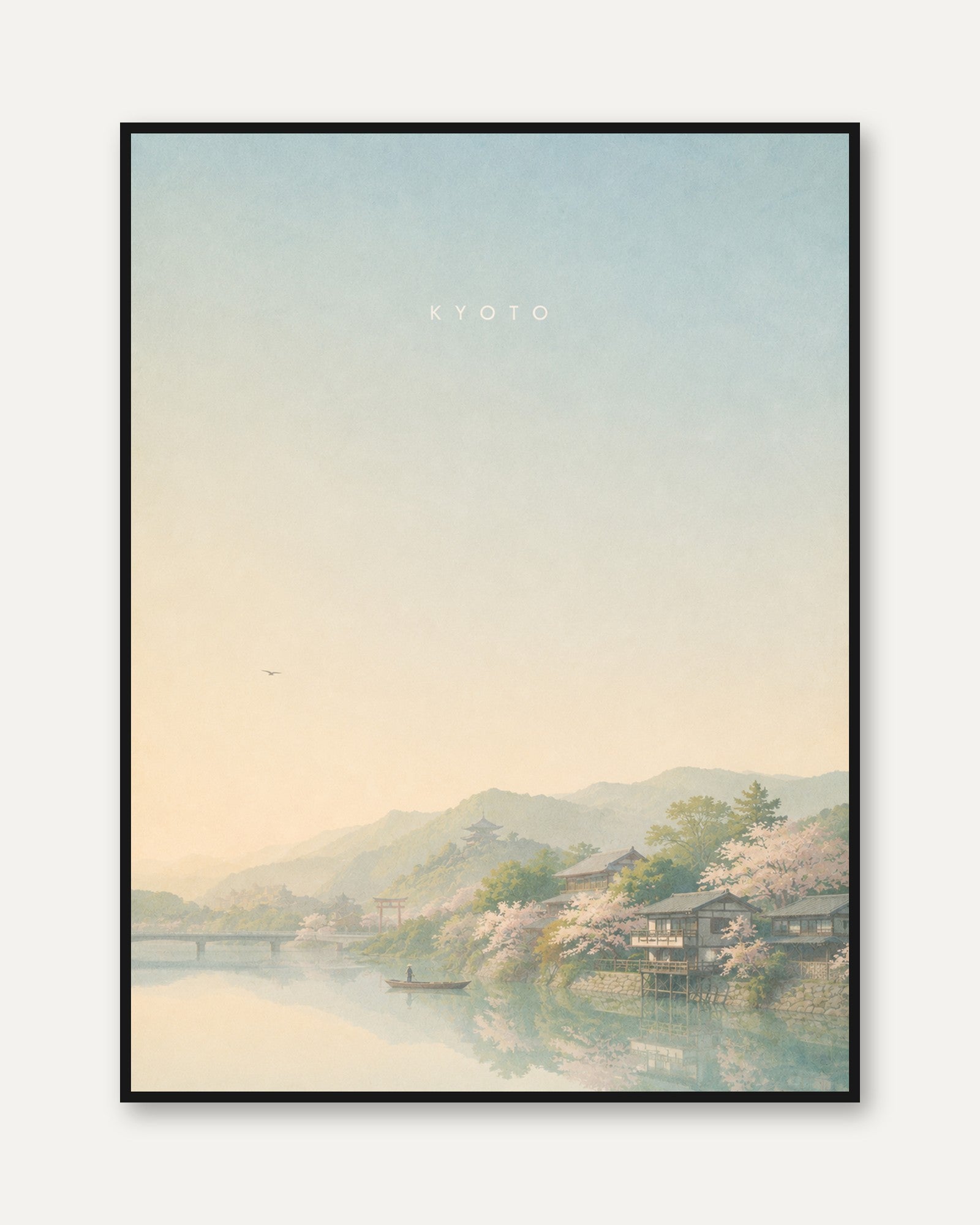 Kyoto Cherry Blossom Landscape Print: Minimalist Japanese Art - framed