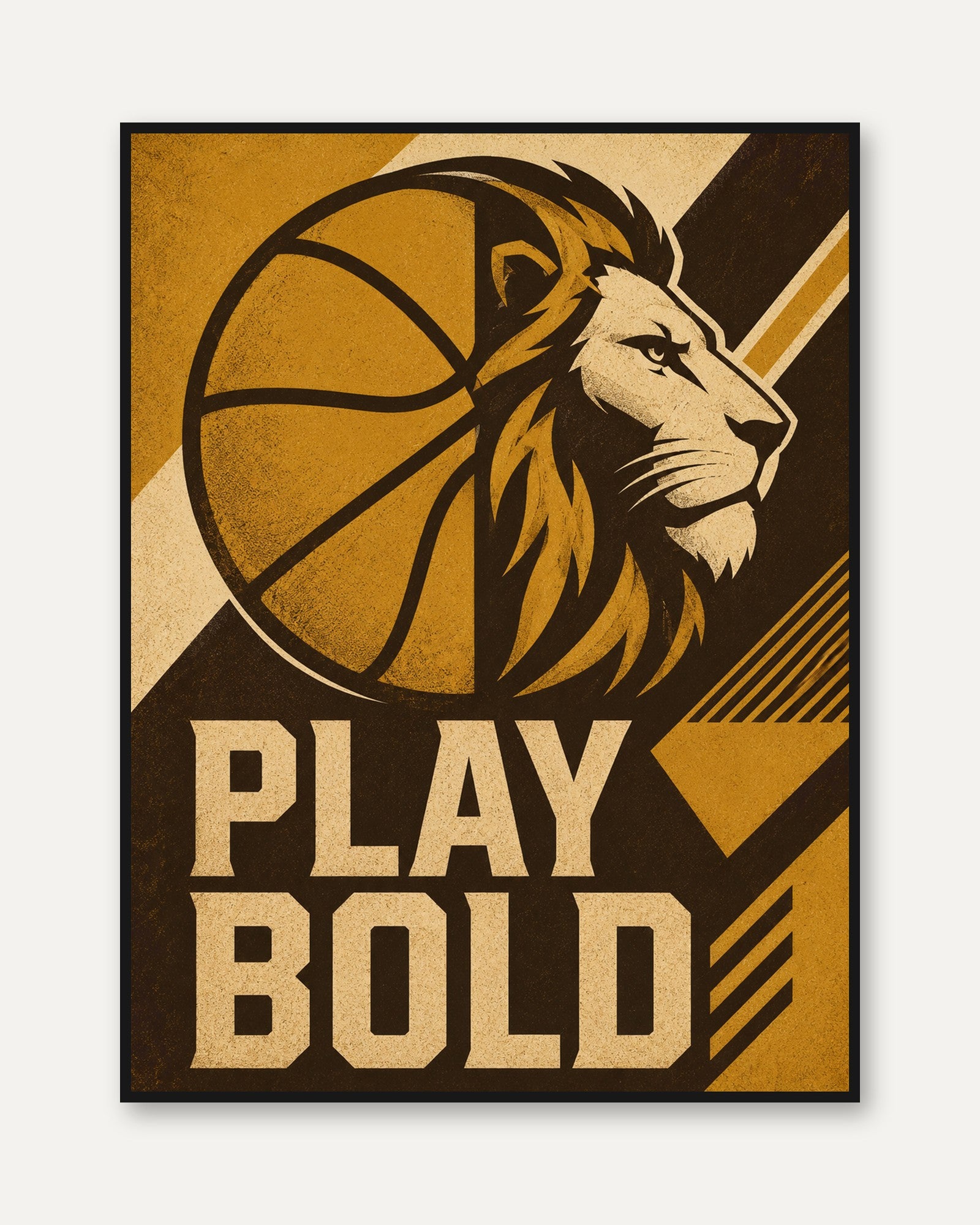 Basketball Lion Art Print: Retro Gold Sports Motivational Poster - framed