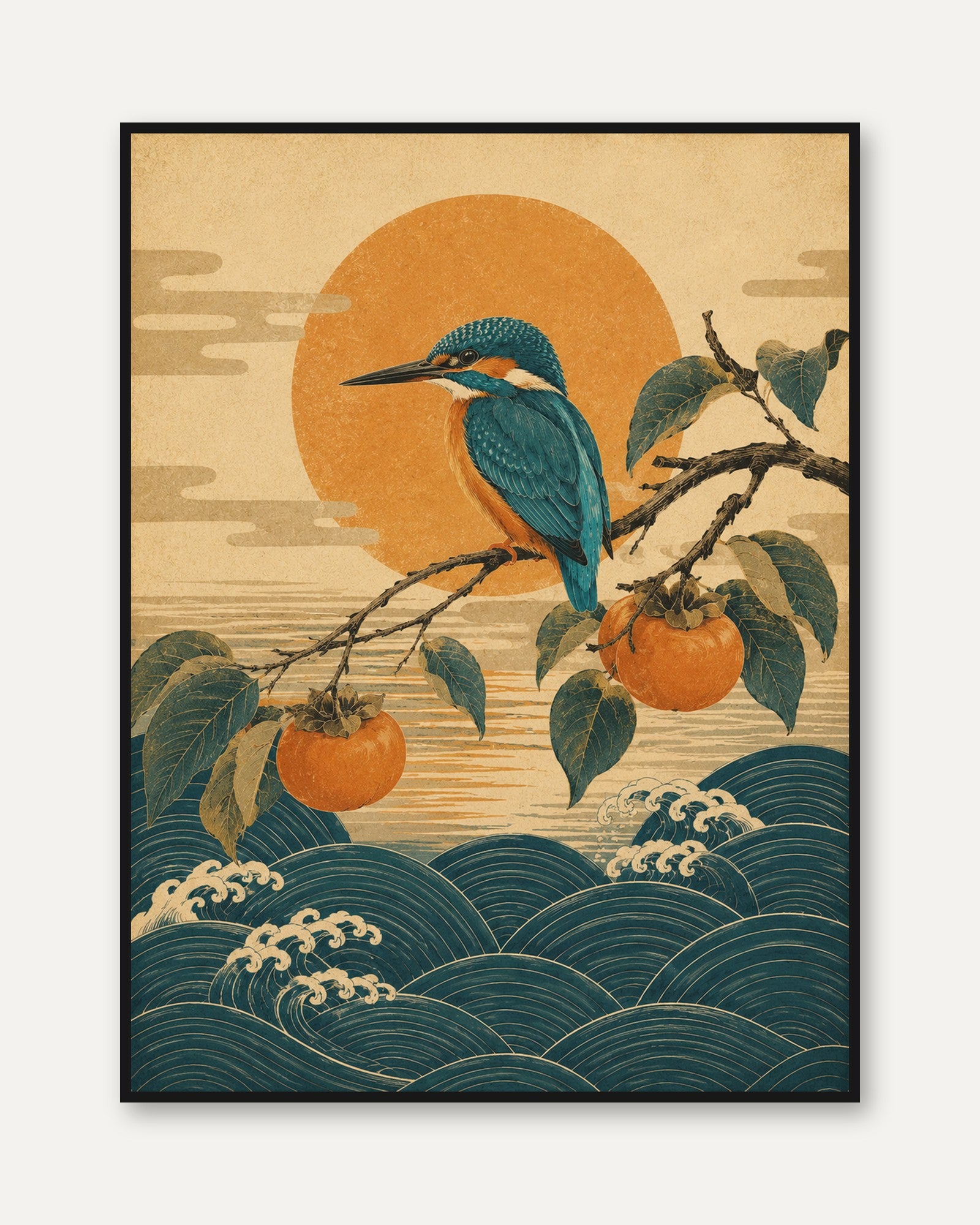 Kingfisher Wall Art: Asian Botanical Print (Ukiyo-e Style) - framed