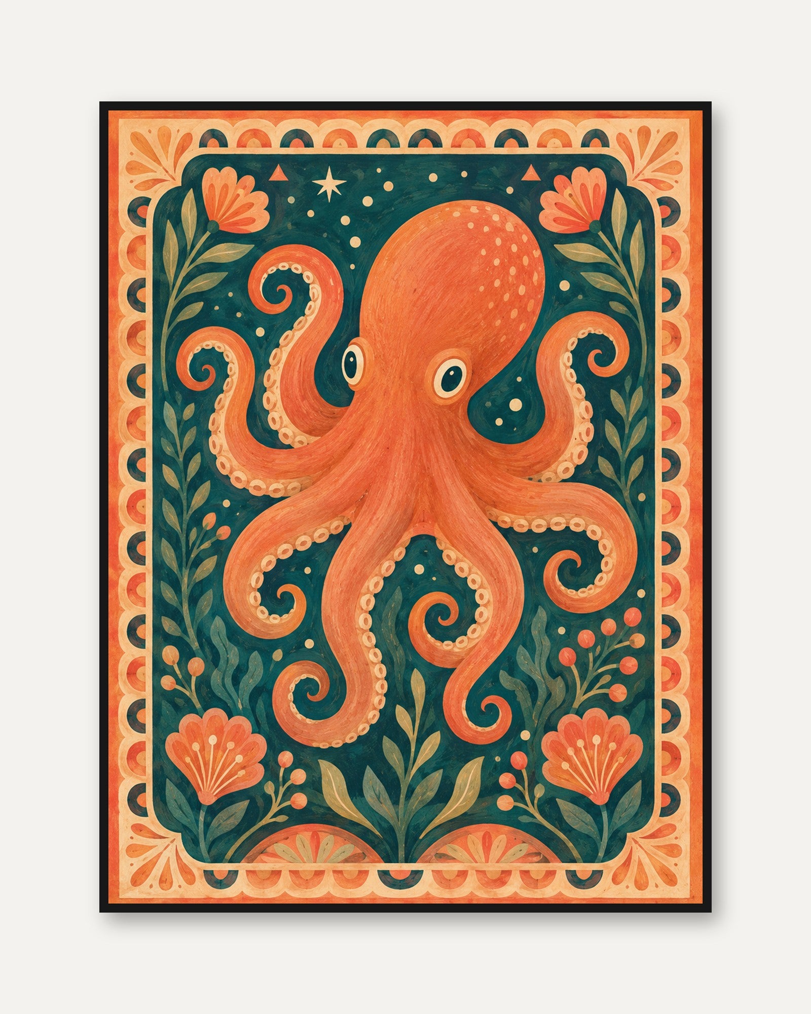 Octopus Wall Art – Vintage Folk Art Print - framed