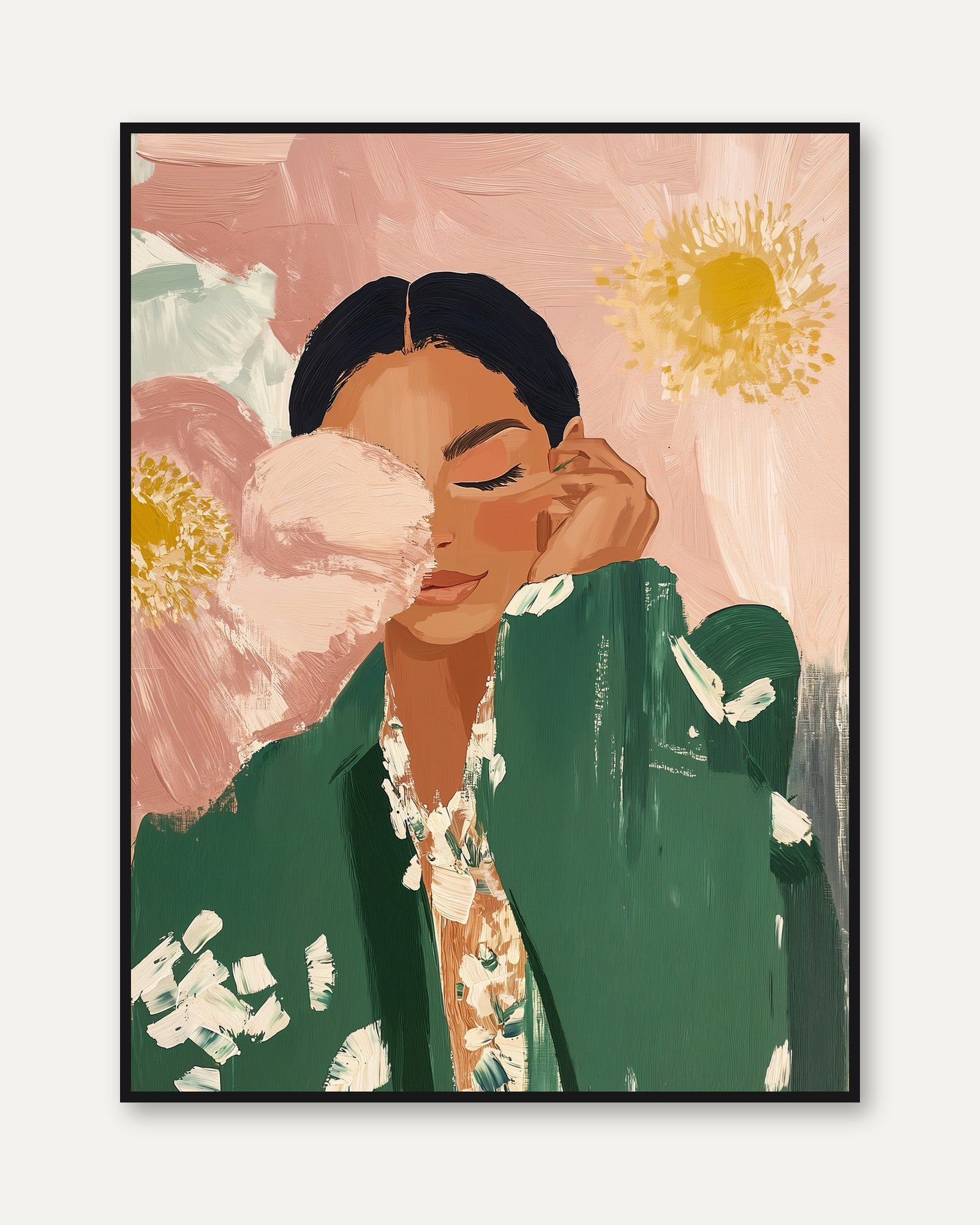 Kimono Woman Wall Art – Floral Portrait - framed
