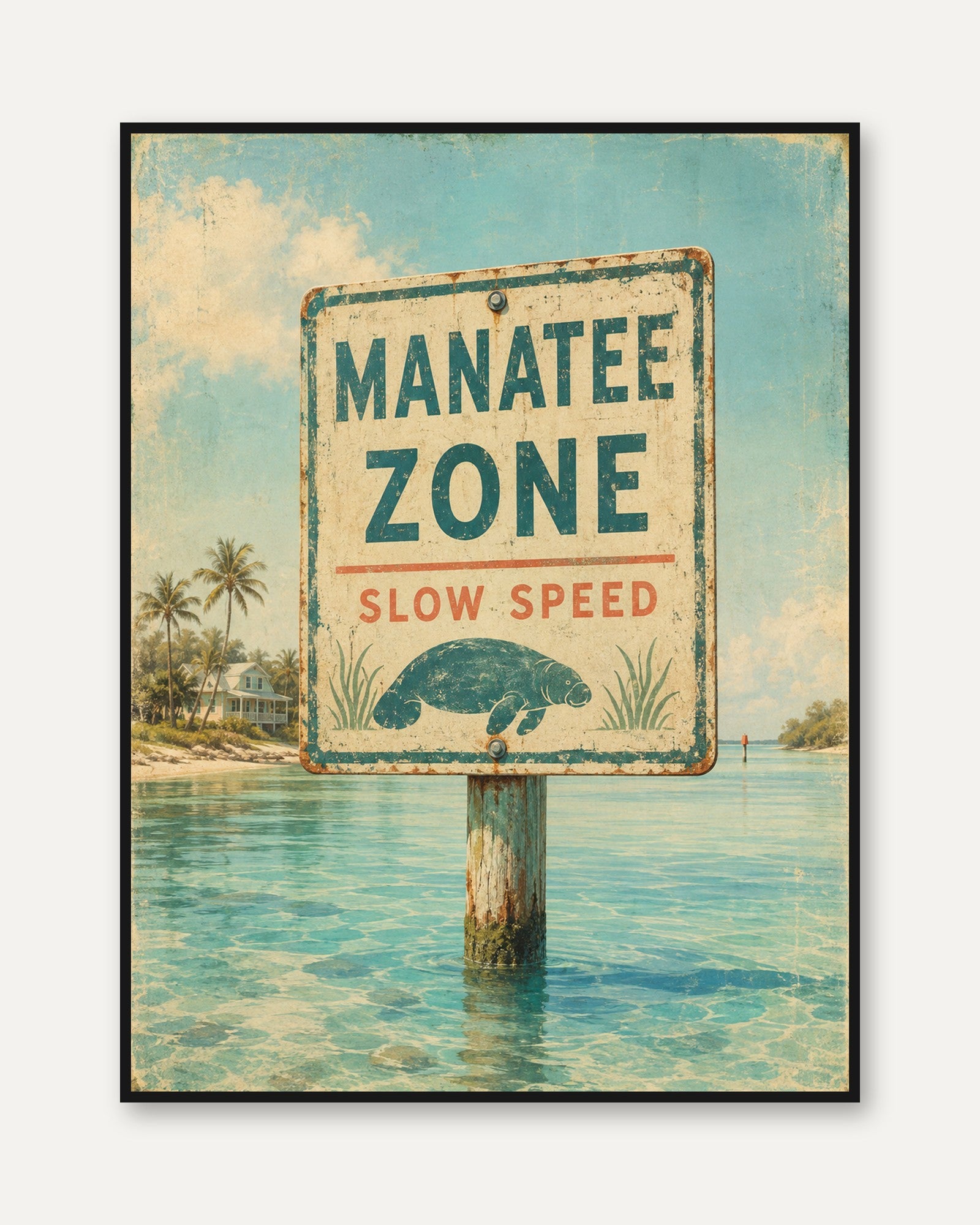 Manatee Wall Art – Vintage Coastal Print - framed