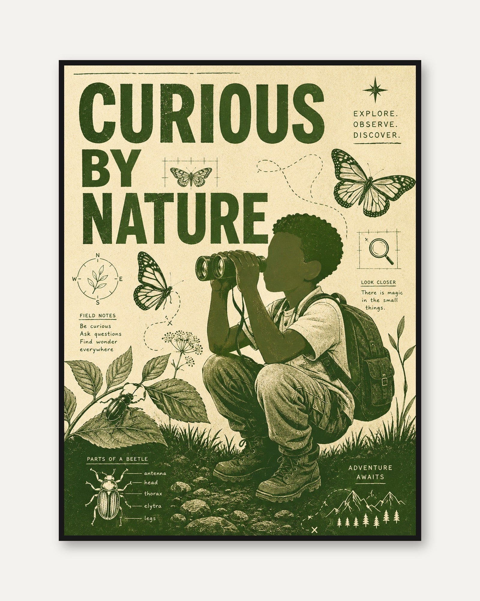 Curious By Nature Explorer Print: Vintage Green Nature Study Art - framed