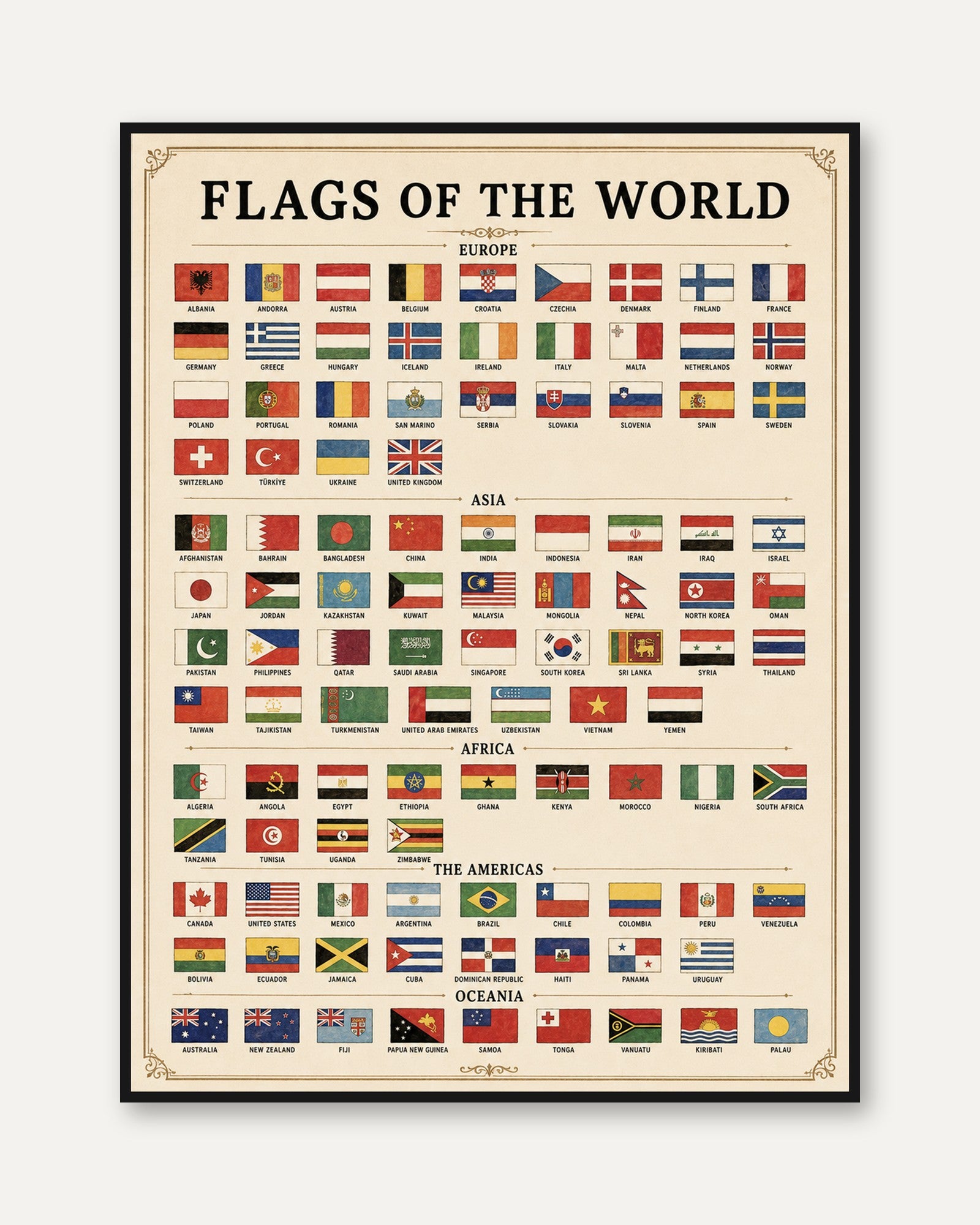 Flags of the World Art Print: Vintage Educational Chart Poster - framed
