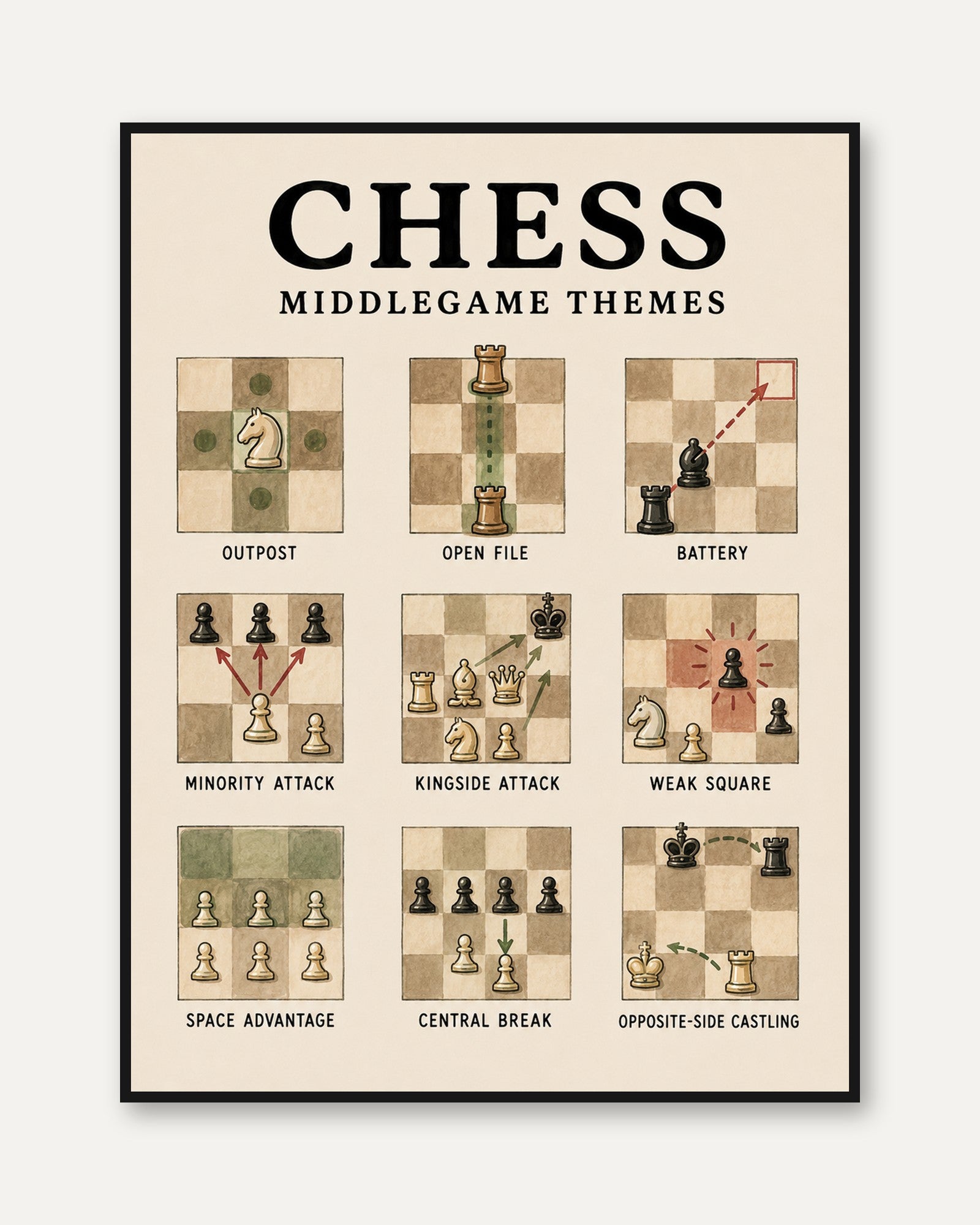 Chess Middlegame Themes Poster: Vintage Educational Wall Art - framed