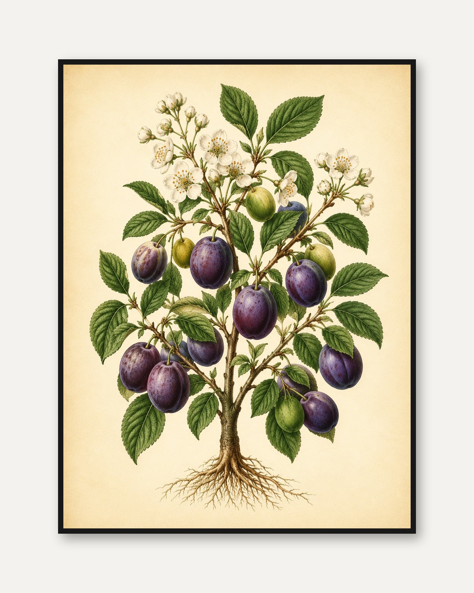 Plum Tree Botanical Print: Vintage Fruit Illustration Art - framed