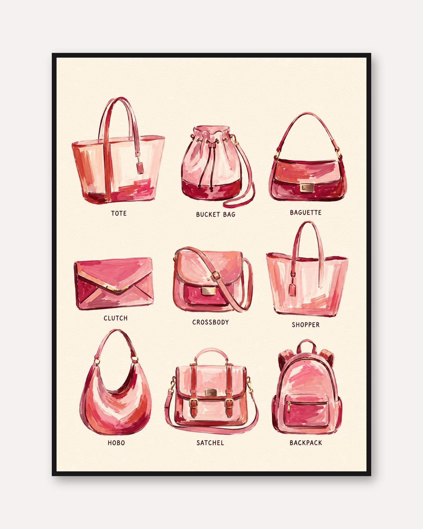 Fashion Handbag Collection Art Print: Watercolor Pink Accessories - framed