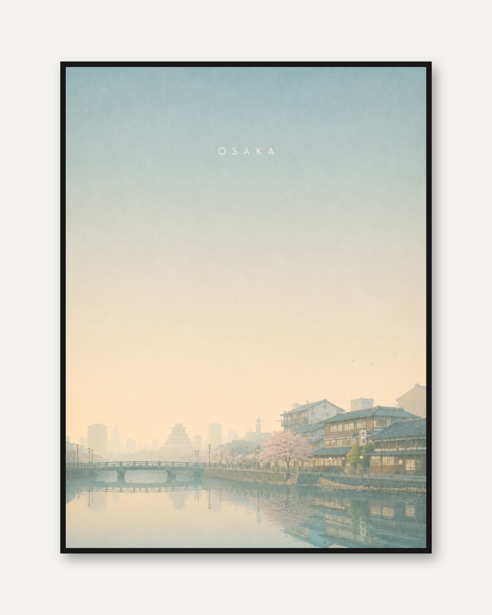 Osaka Cherry Blossom River View: Minimalist Japanese Art Print - framed