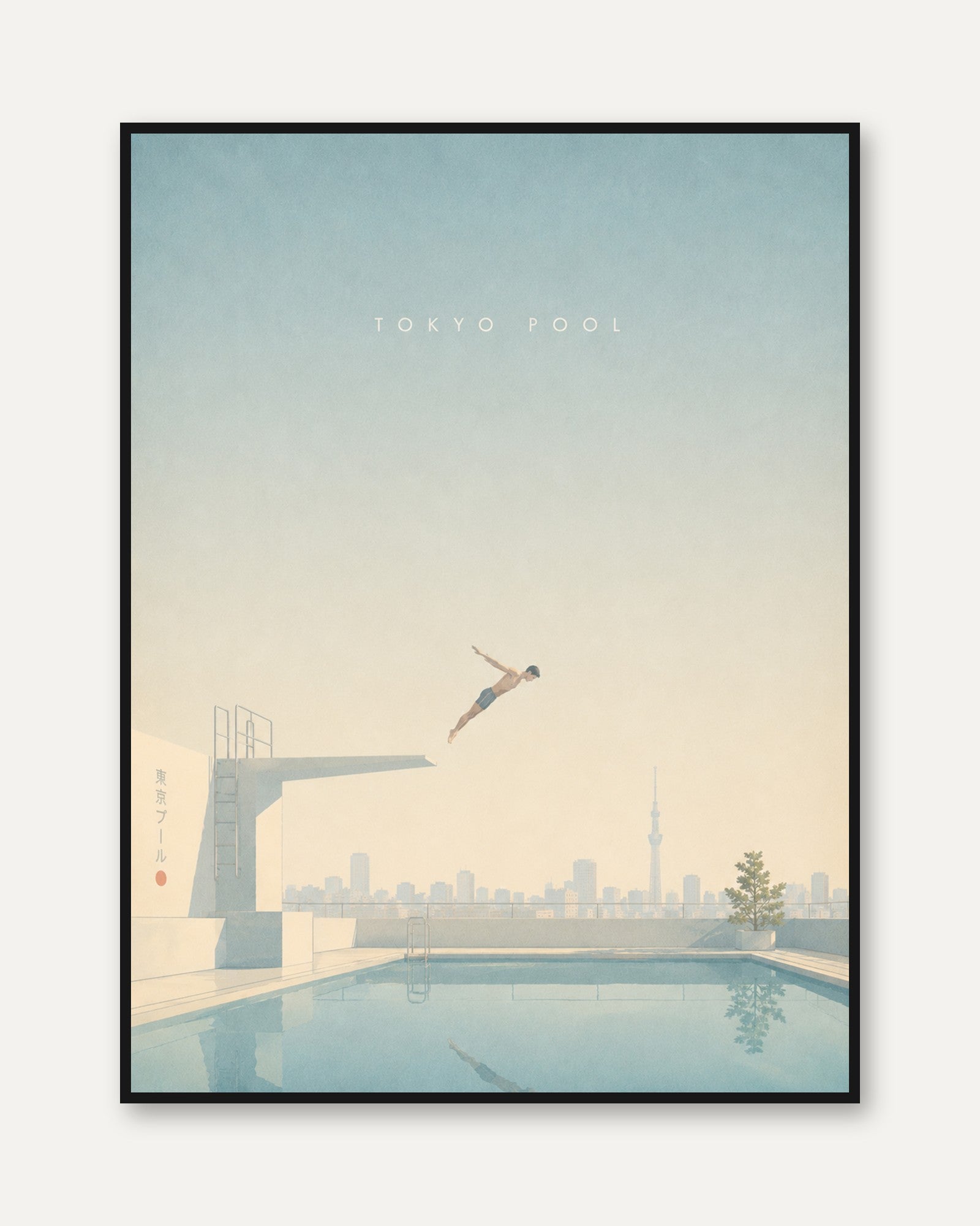Tokyo Pool Diver Art Print: Minimalist Urban Architecture Scene - framed