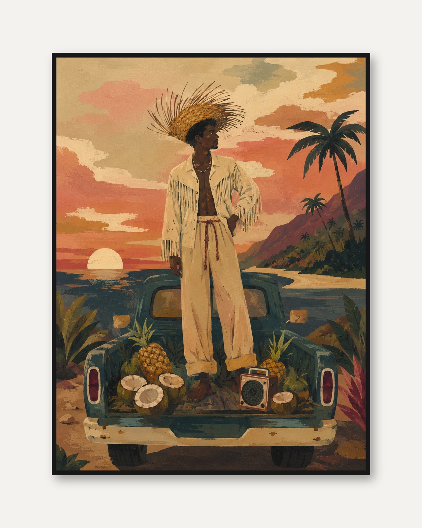 Tropical Sunset Vintage Truck Art Print: Retro Beach Scene - framed