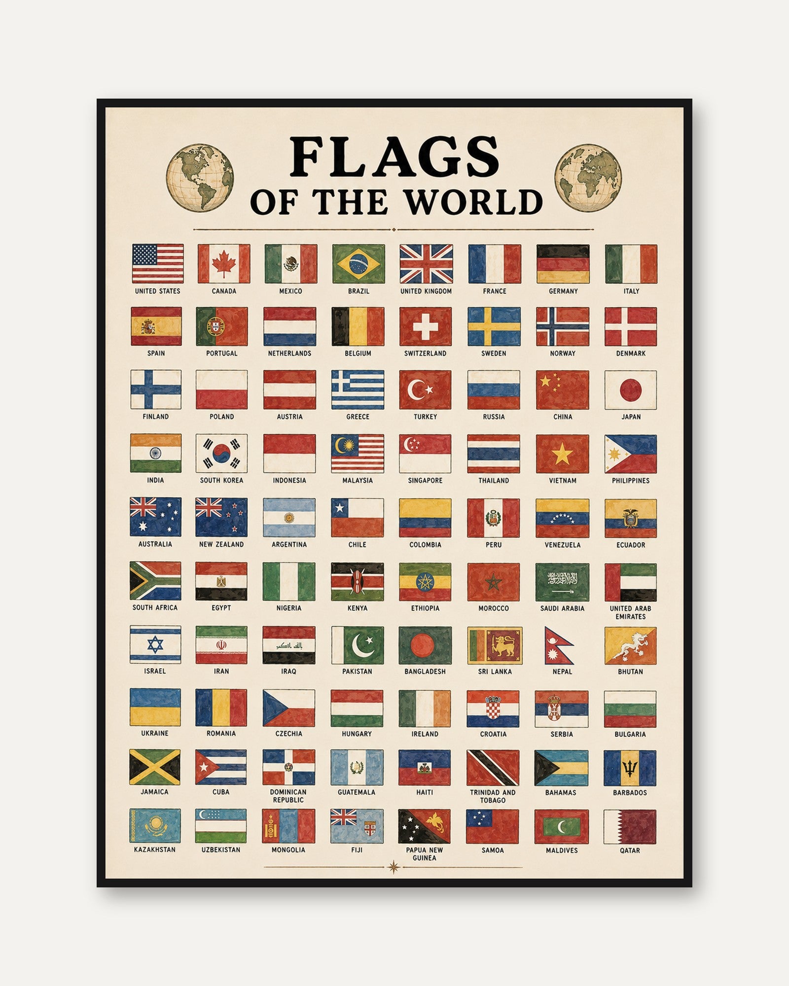 Flags of the World Chart: Vintage Educational Wall Art - framed