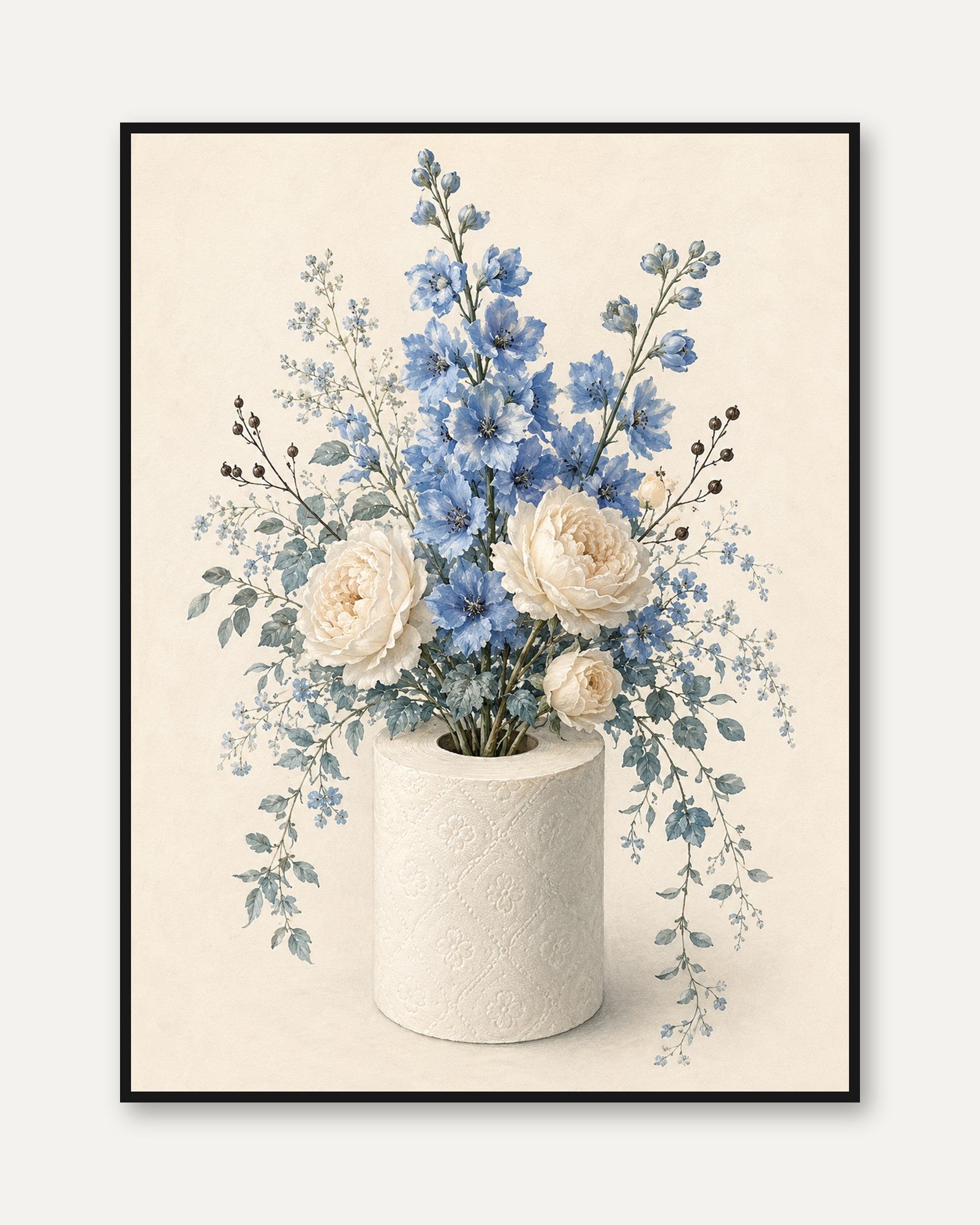 Blue Delphinium White Roses Art Print: Soft Botanical Floral - framed