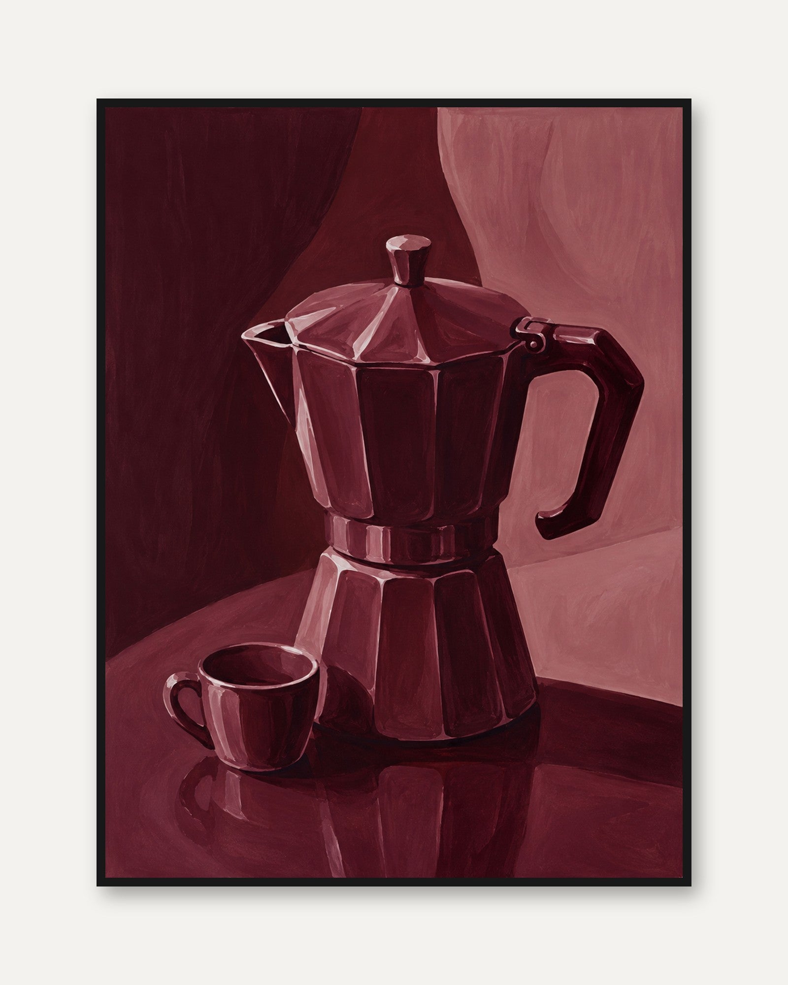 Moka Pot Still Life Art Print: Monochromatic Burgundy - framed