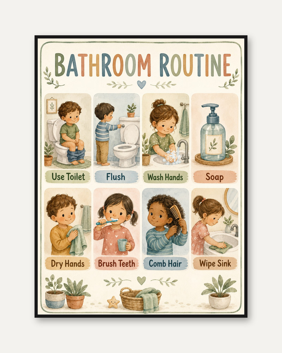 Bathroom Routine Poster: Educational Kids' Hygiene Chart - framed