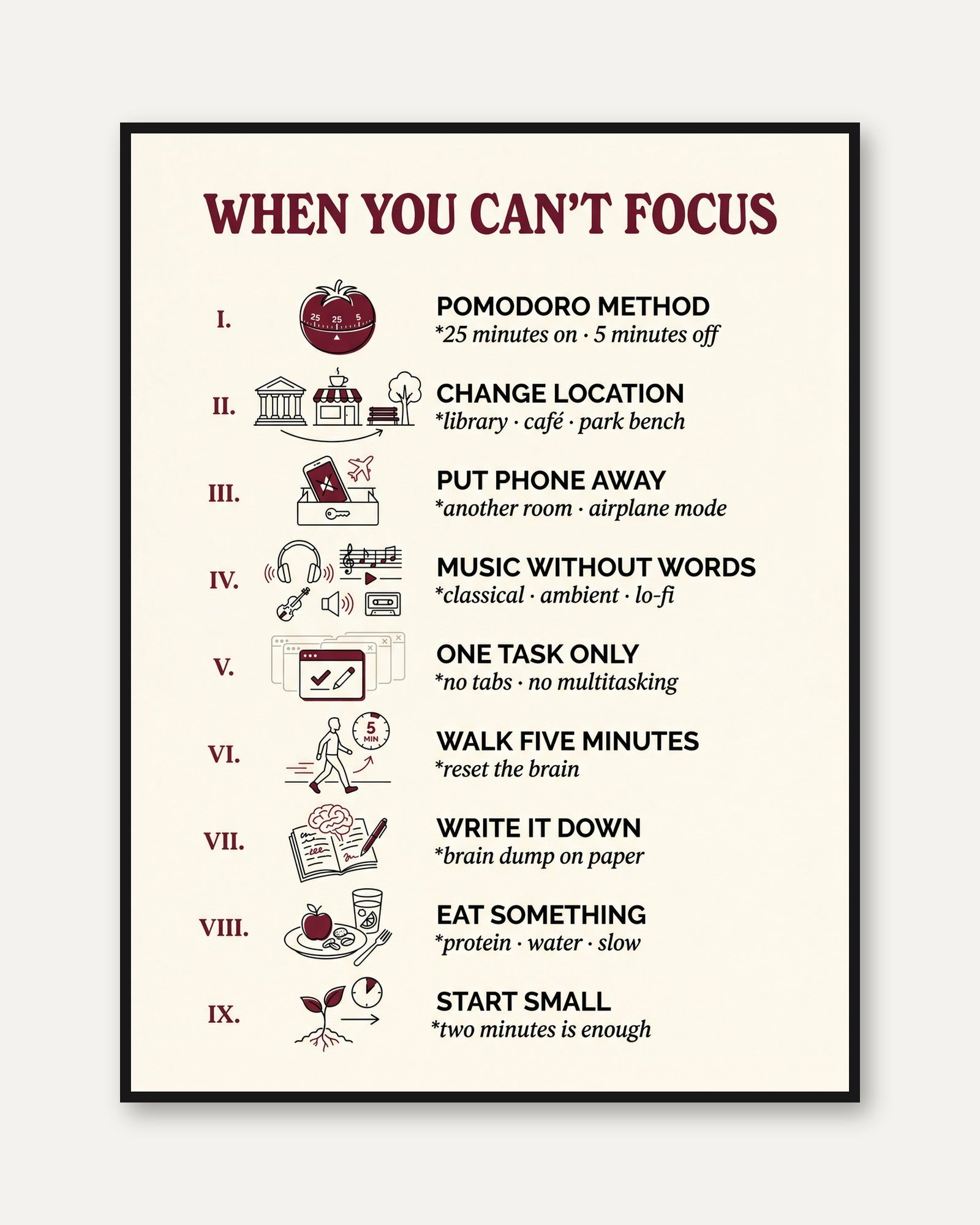 Pomodoro Method Focus Poster - framed