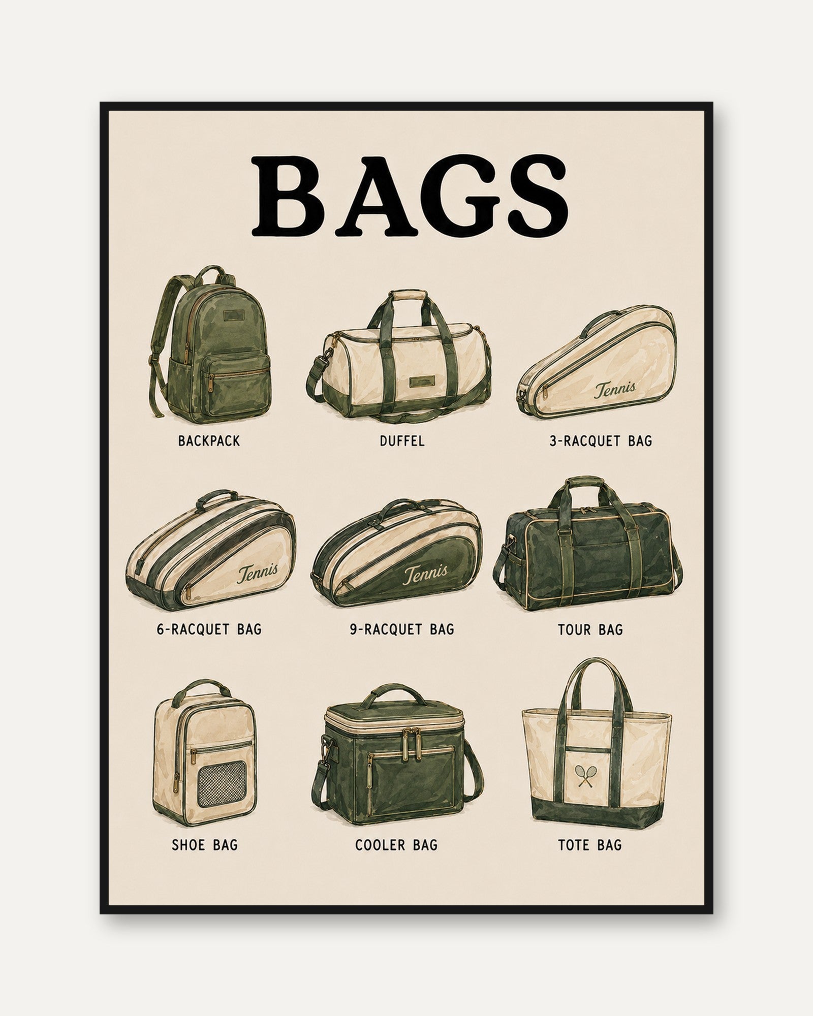 Vintage Tennis Bags Chart: Retro Sports Equipment Illustration - framed