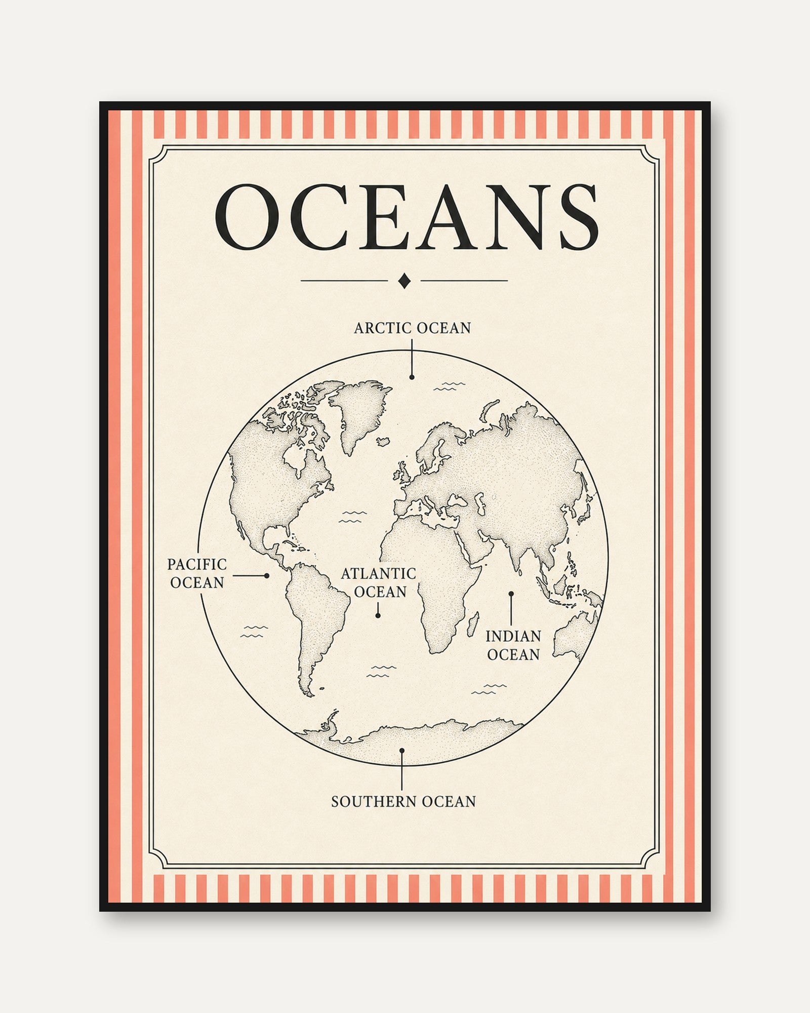 World Map Wall Art – Ocean Globe Print - framed