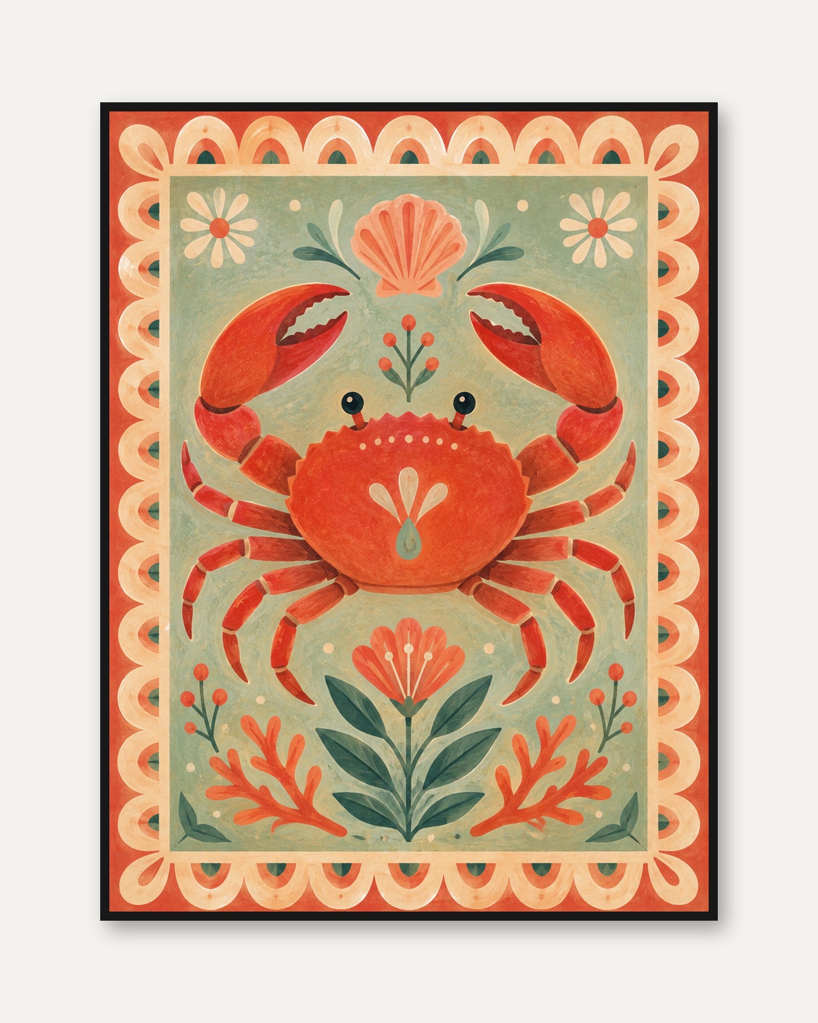 Folk Art Crab Print – Coastal Kitchen Wall Art - framed