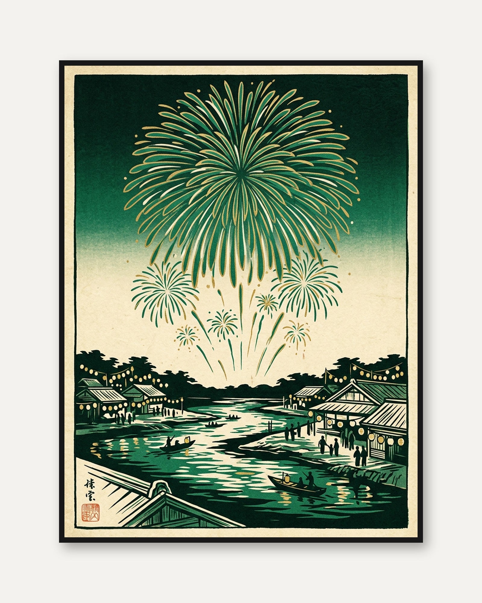 Japanese Fireworks Over River Town: Vintage Woodblock Print - framed