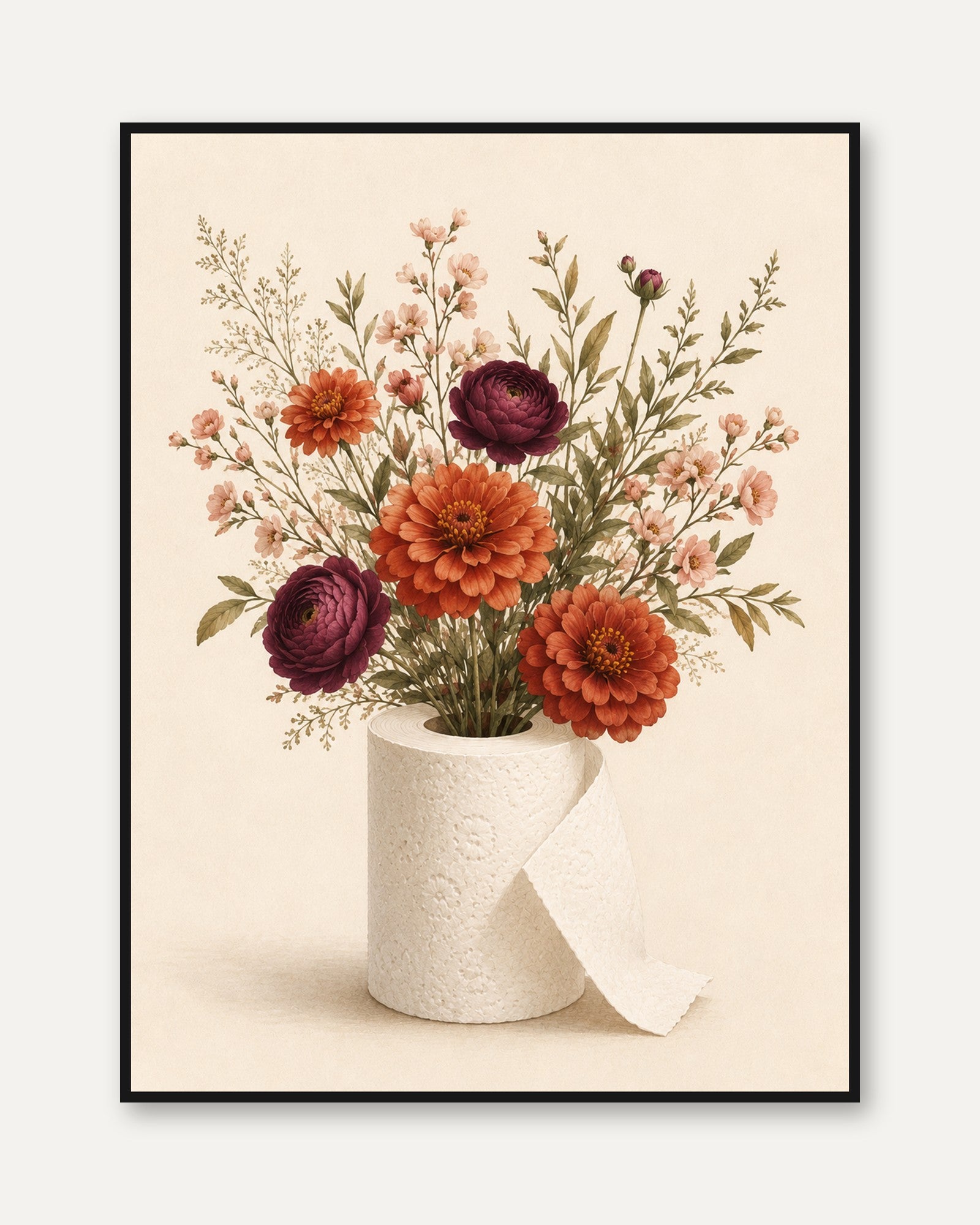 Autumn Floral Arrangement Print: Orange and Burgundy Botanicals - framed