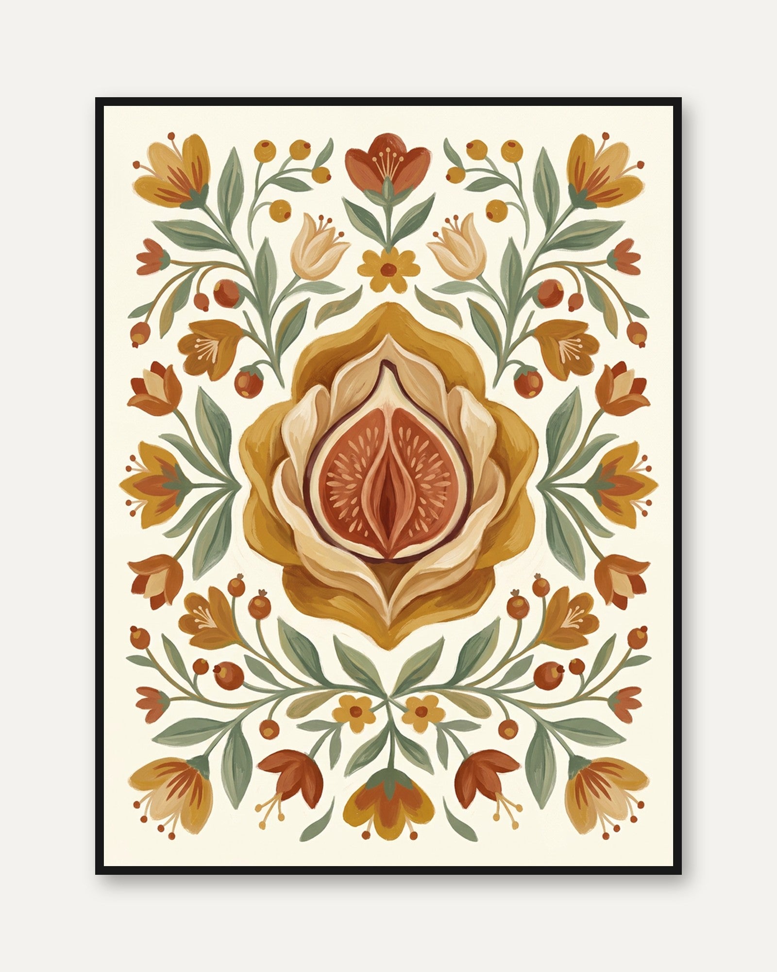 Folk Art Floral Print – Symmetrical Botanical Illustration - framed