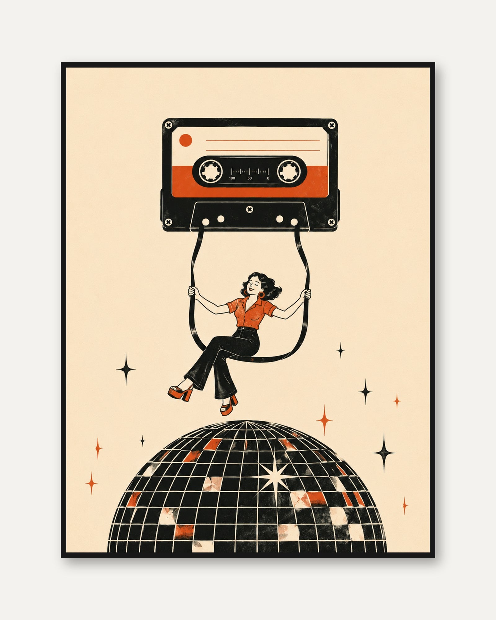 Retro Cassette Tape Art Print – Disco Ball - framed