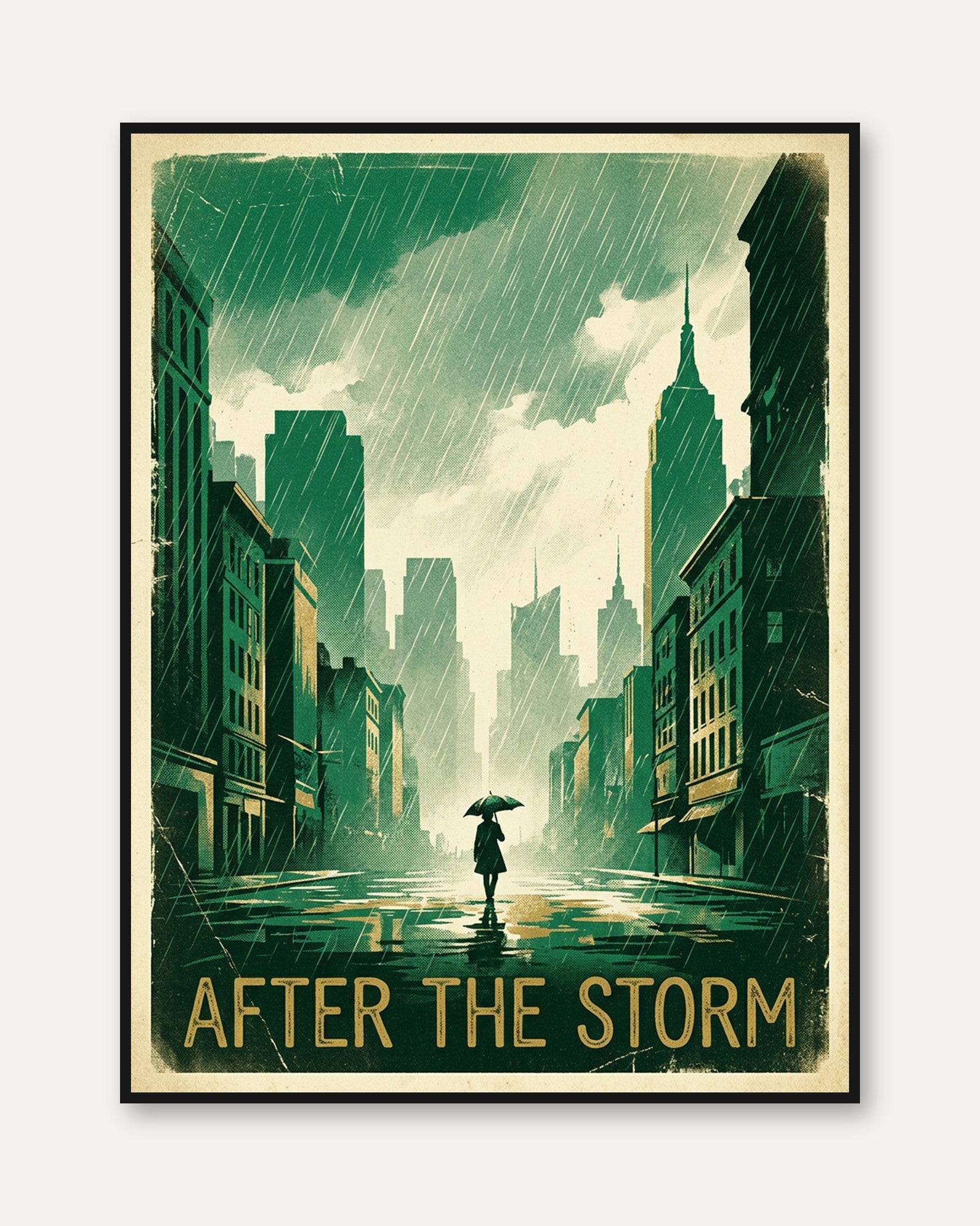 Vintage City Rain Print — Art Deco Storm Scene - framed