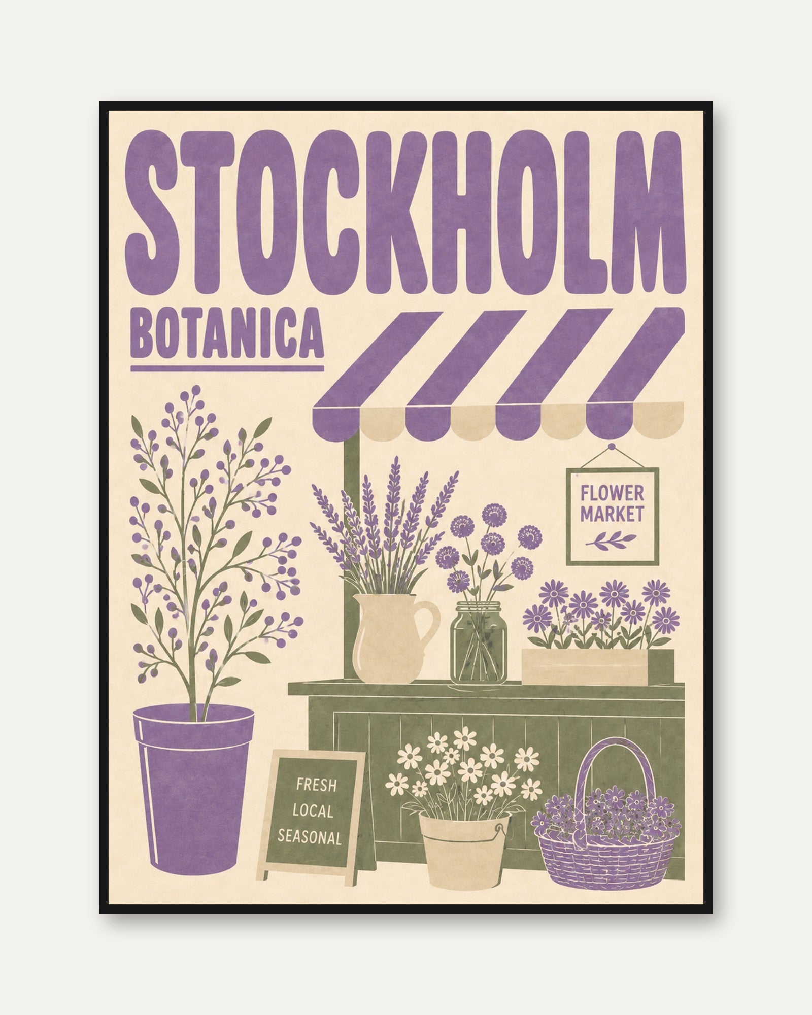 Stockholm Botanica Print: Vintage Scandinavian Flower Market Art - framed