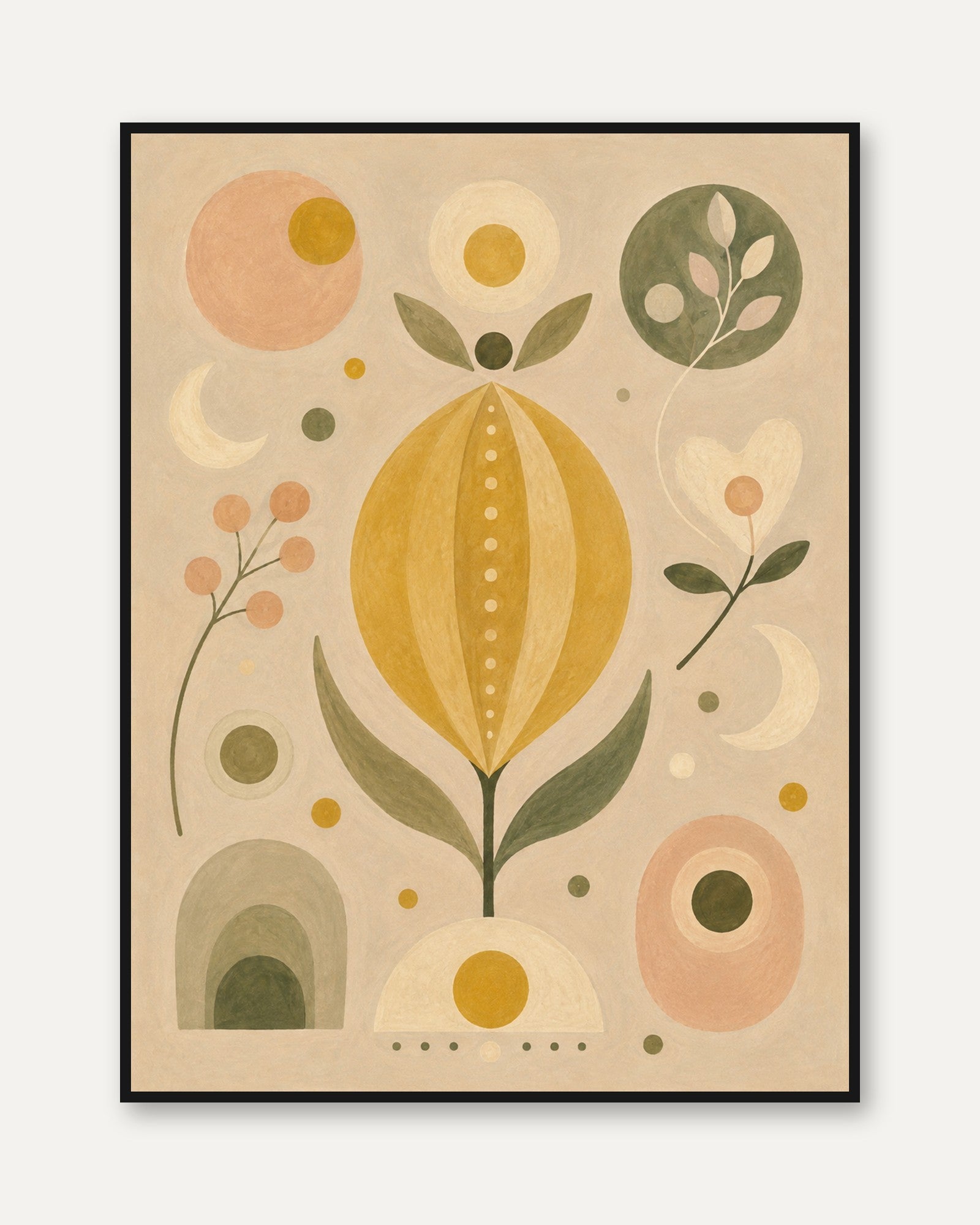 Mid-Century Botanical Print: Geometric Flower in Mustard and Sage - framed
