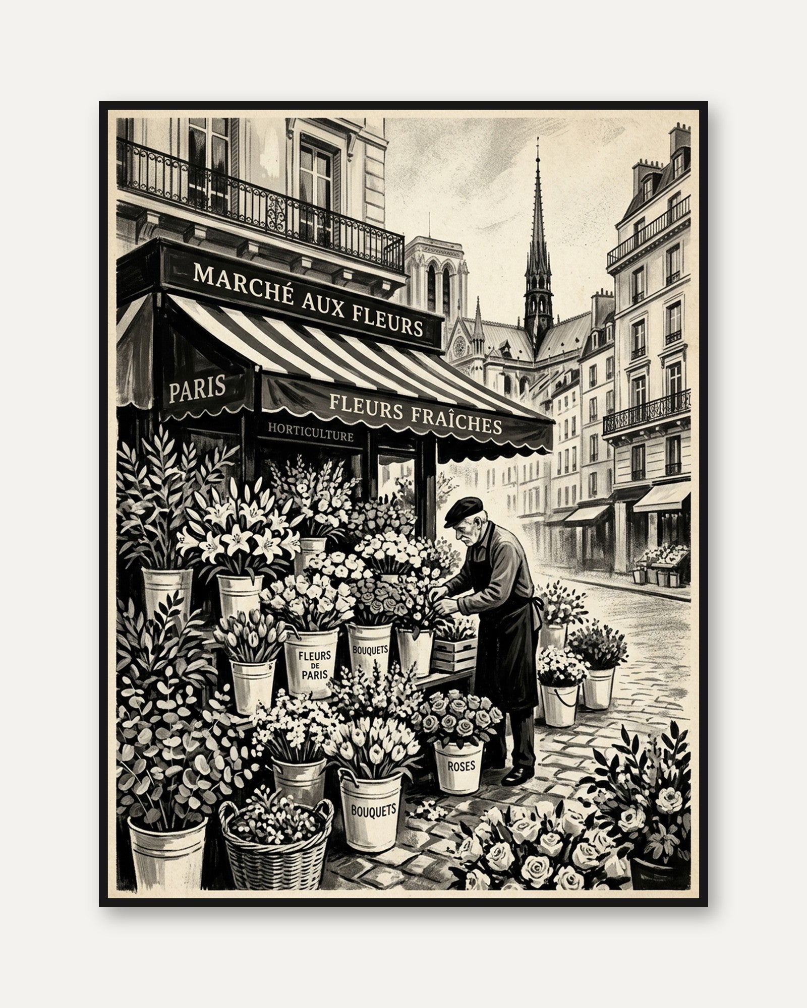 Paris Flower Market Art Print: Vintage Sepia Street Scene - framed