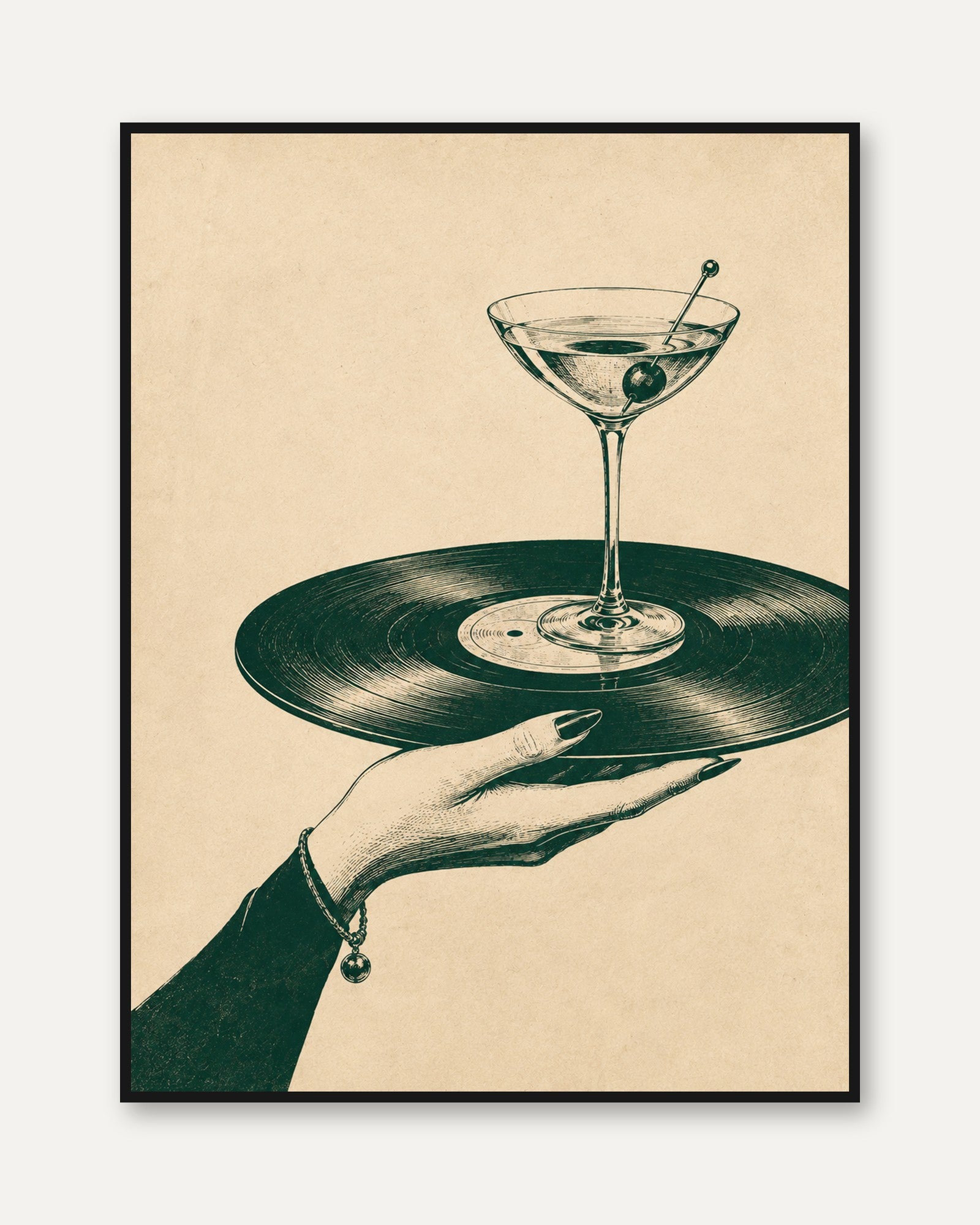 Martini Vinyl Record Art Print: Vintage Surrealist Cocktail Design - framed