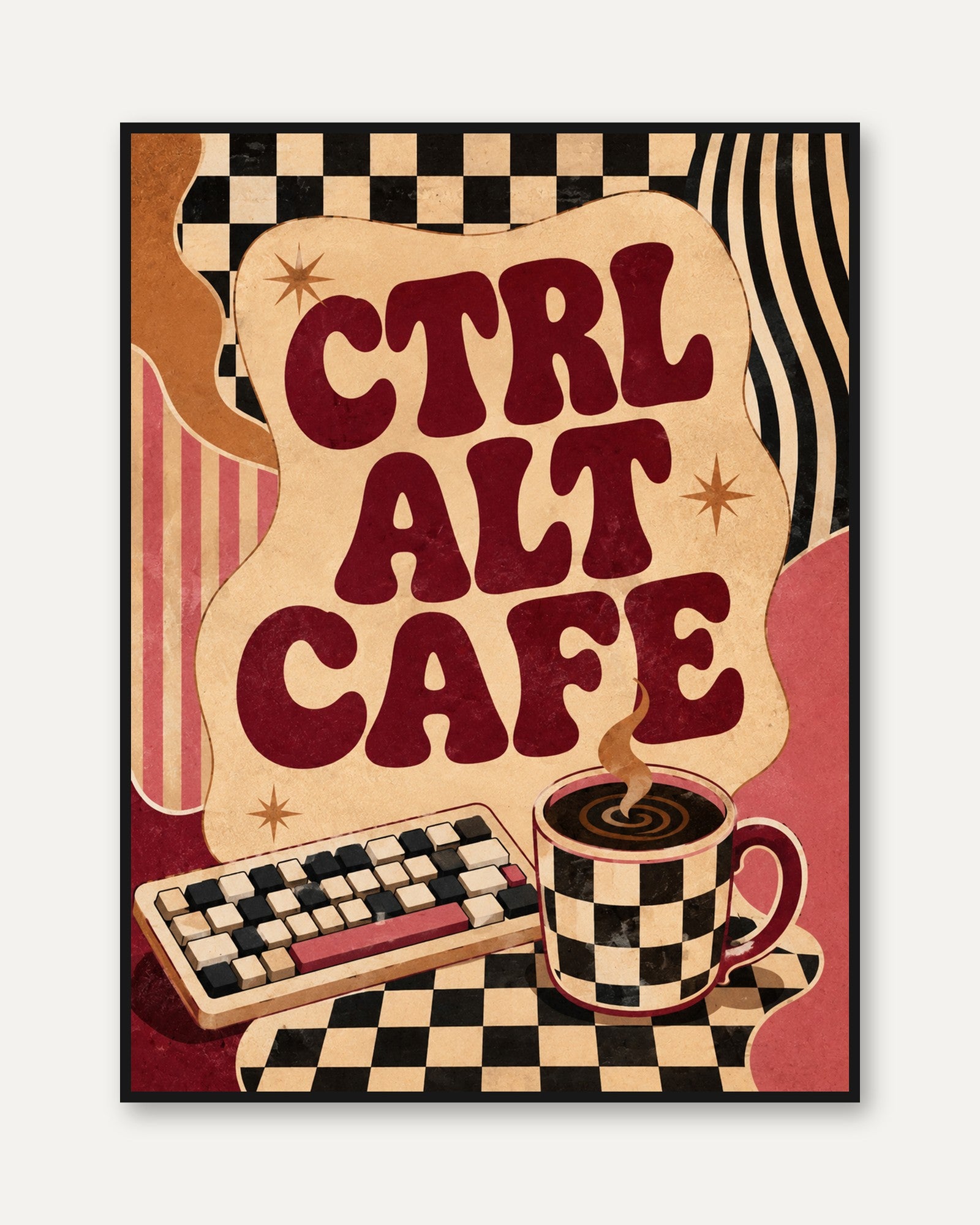 Cafe Wall Art: Retro Keyboard and Coffee - framed