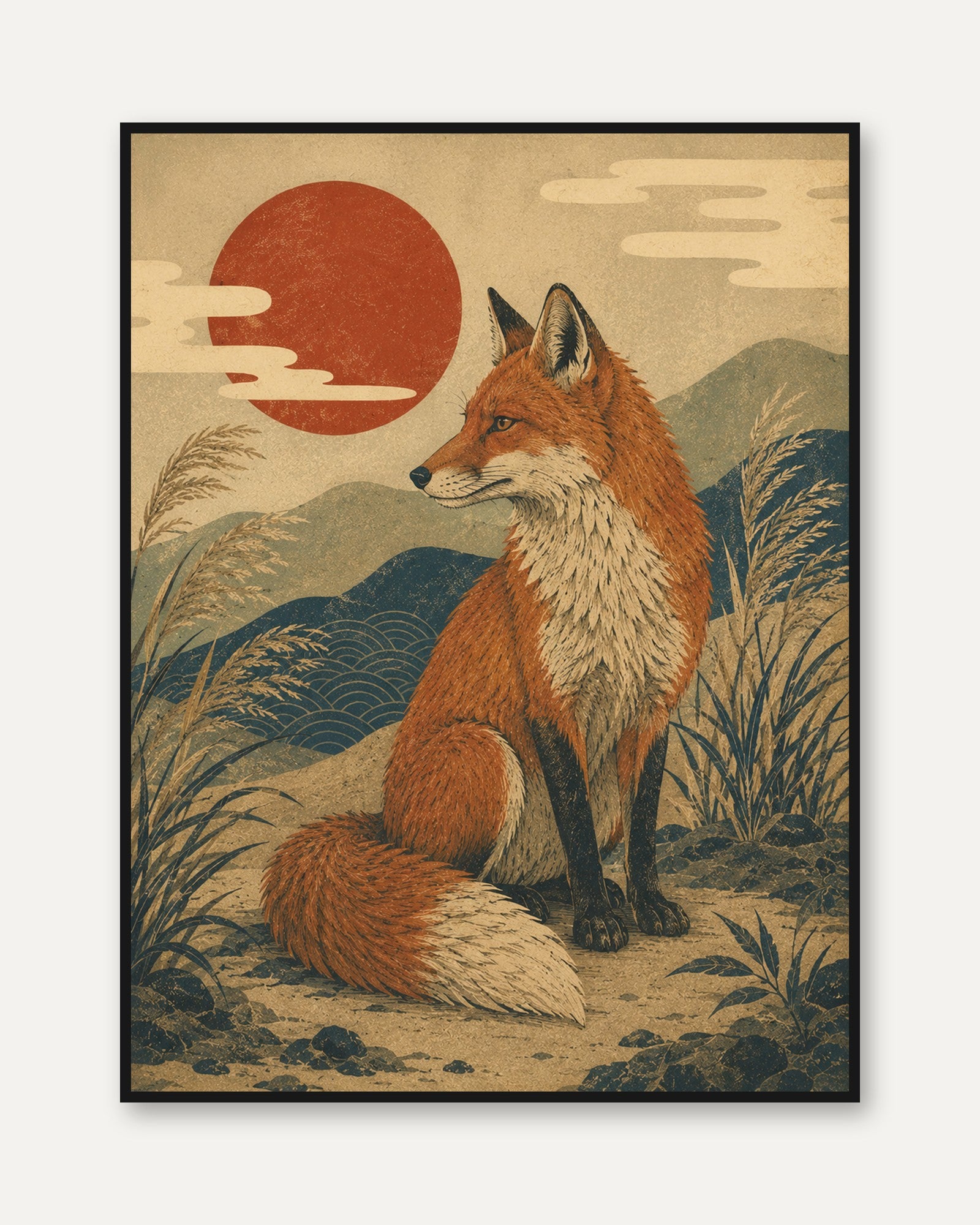 Fox Illustration Print: Japanese Ukiyo-e Inspired Art (A4 and Larger) - framed