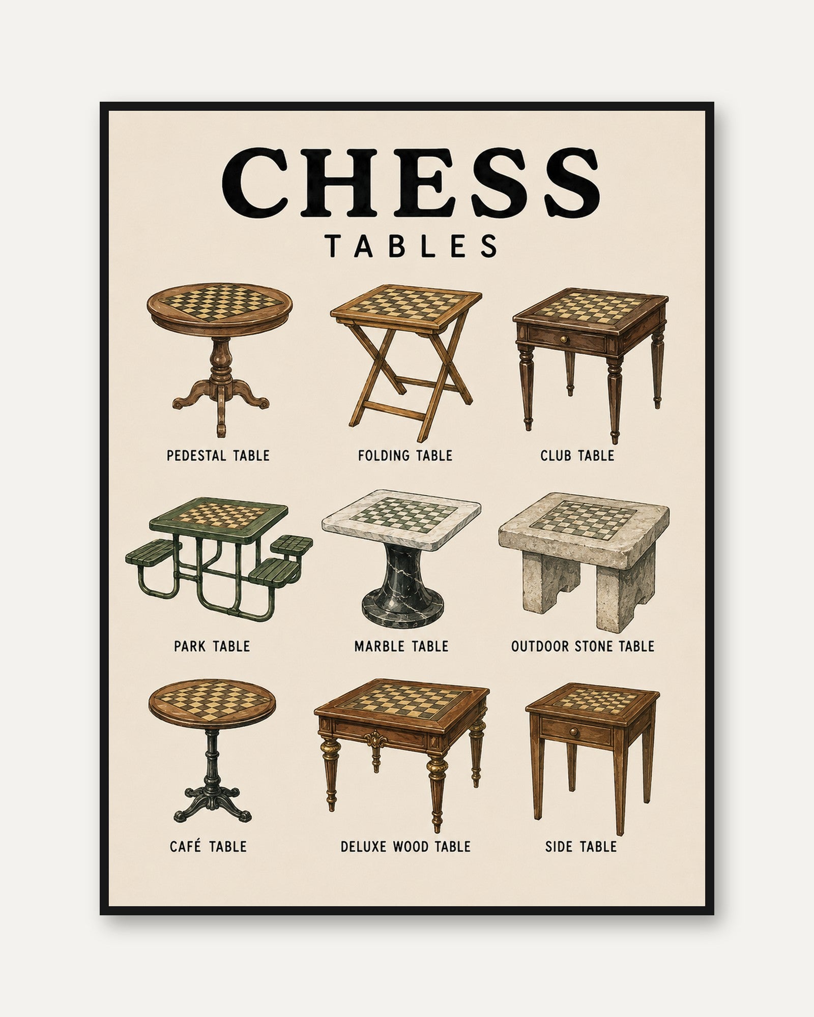 Chess Tables Vintage Poster — Educational Furniture Guide - framed