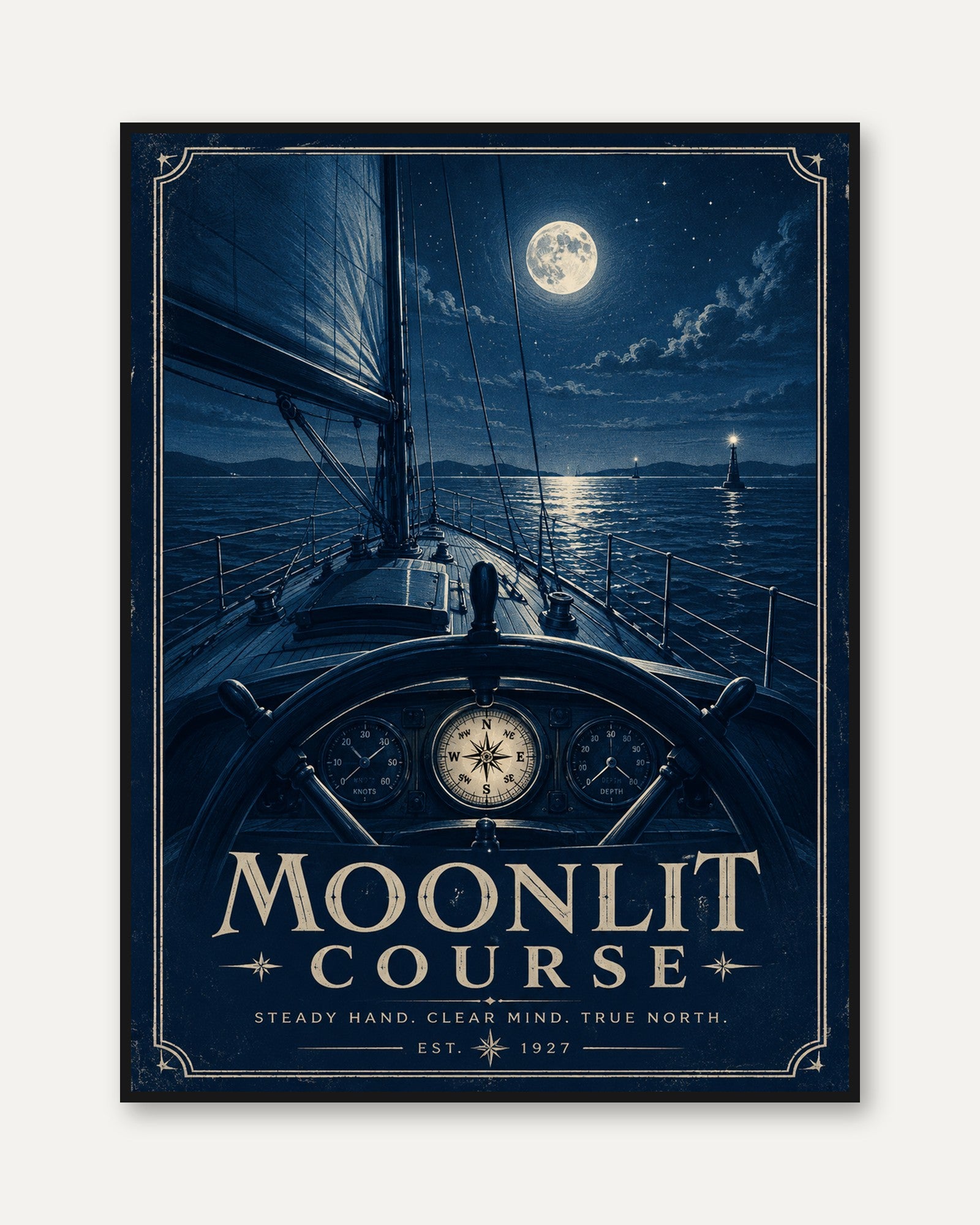 Moonlit Sailboat Navigation Art Print: Vintage Nautical Design - framed