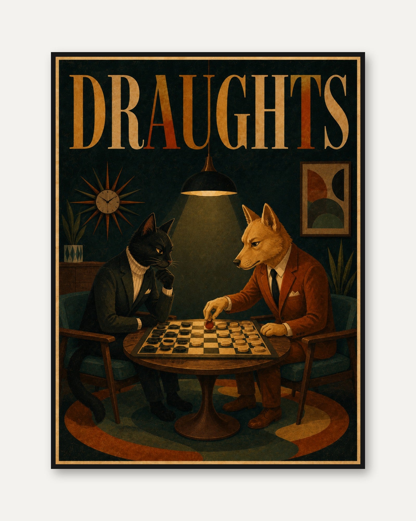 Draughts Game Art Print: Mid-Century Anthropomorphic Animals - framed
