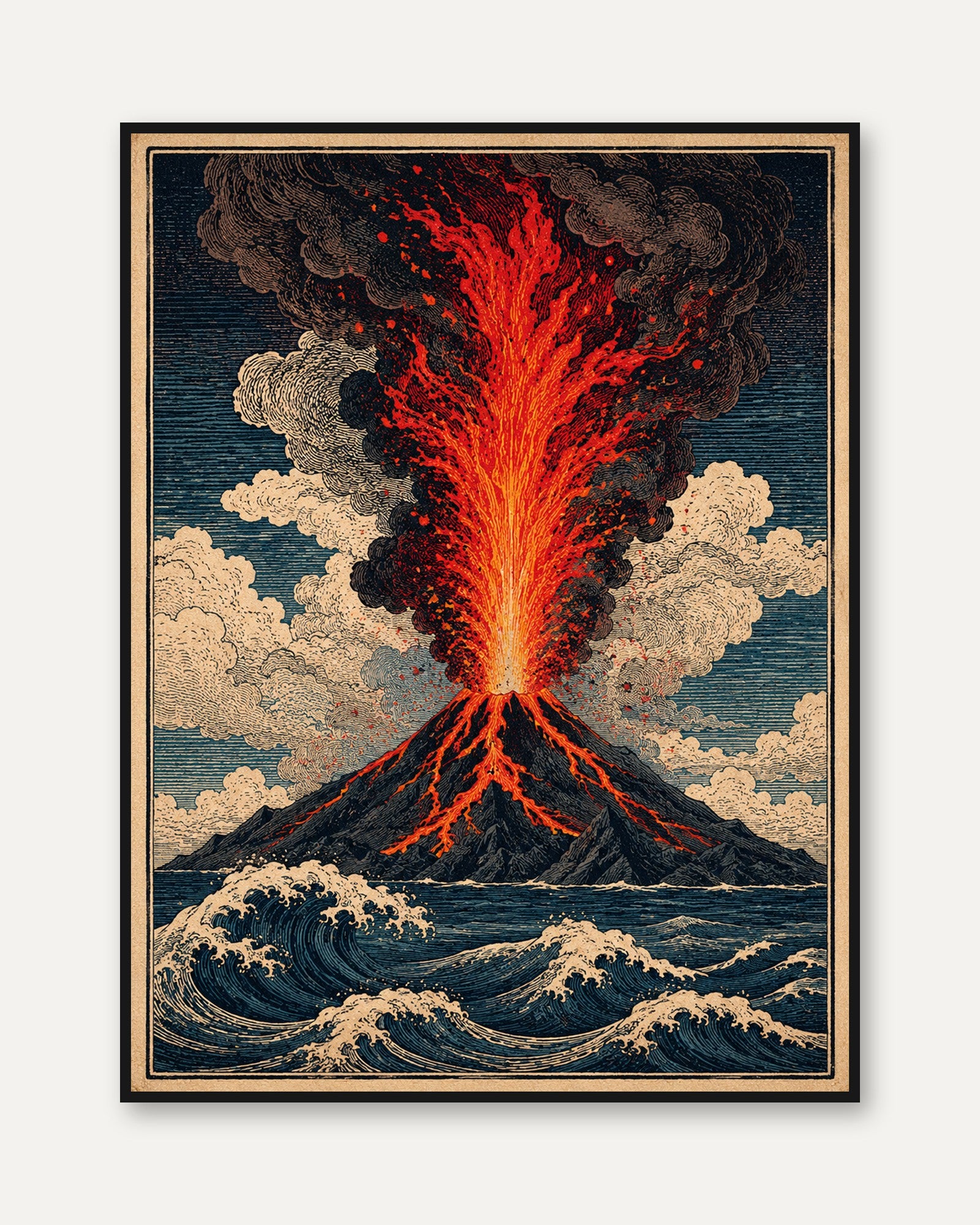 Volcano Eruption Japanese Art Print — Vintage Ukiyo-e Style - framed