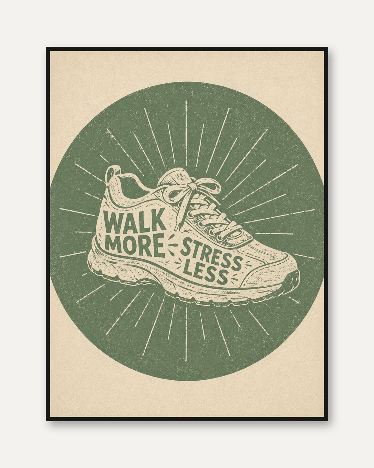 Walk More Stress Less Print: Retro Fitness Art (Sage Green Accent) - framed