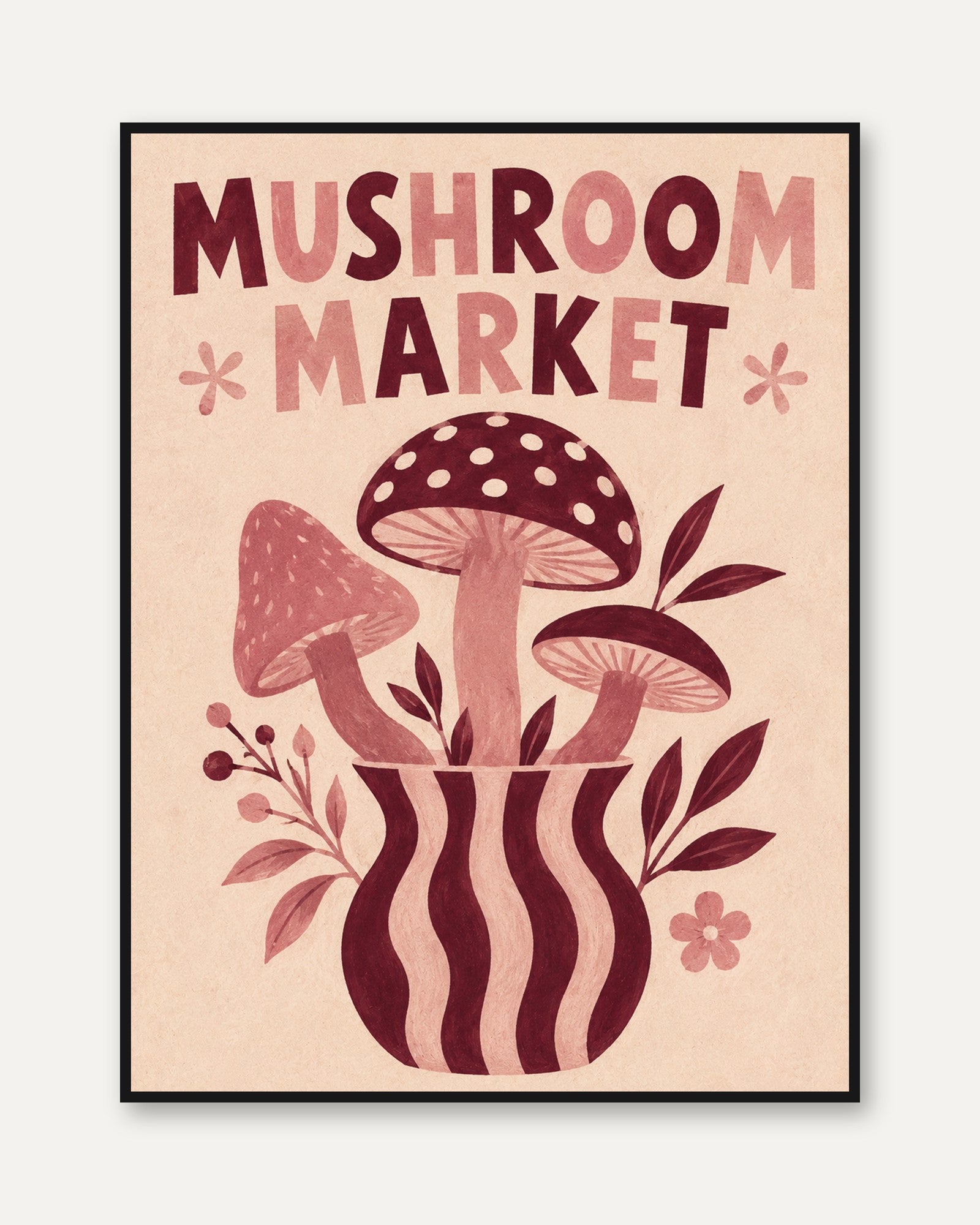 Mushroom Market Poster: Retro Folk Art Botanical Design - framed