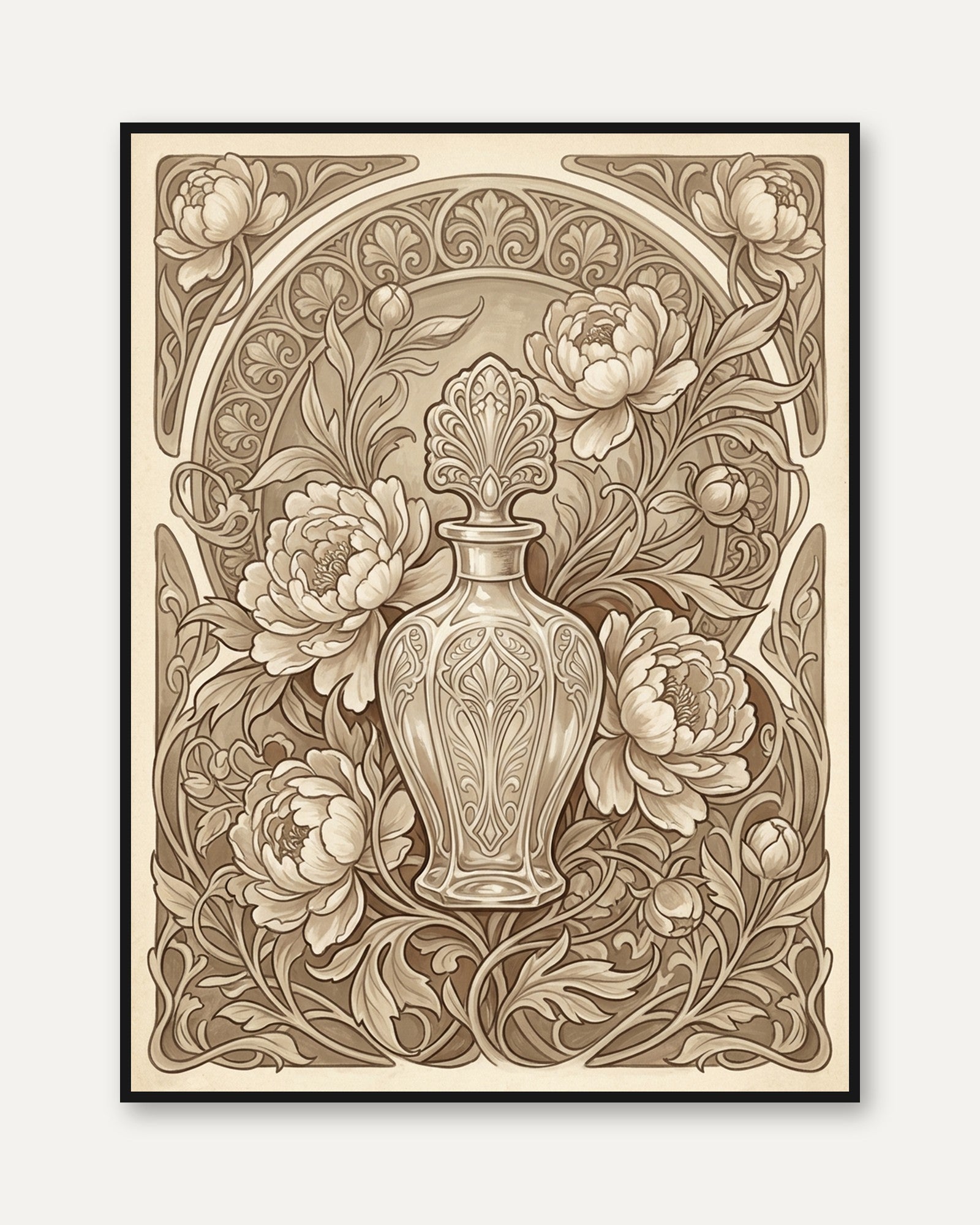 Art Nouveau Peony Vase Print: Sepia Decorative Floral Design - framed