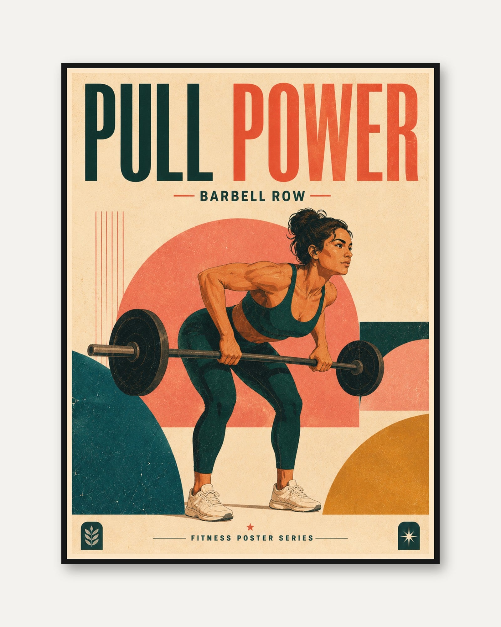 Barbell Row Fitness Poster: Retro Gym Art Print - framed