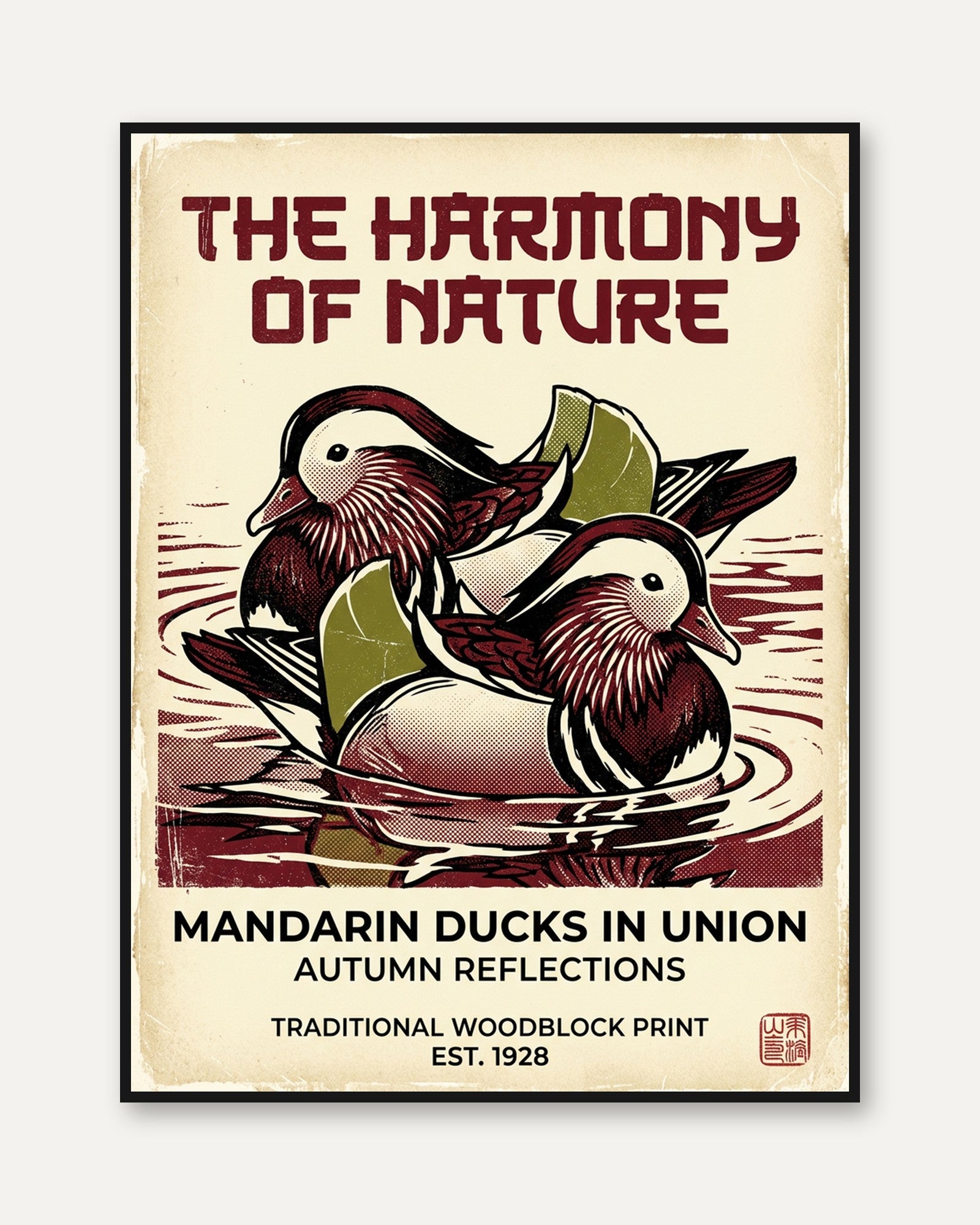 Mandarin Ducks Print: Traditional Woodblock Nature Poster - framed