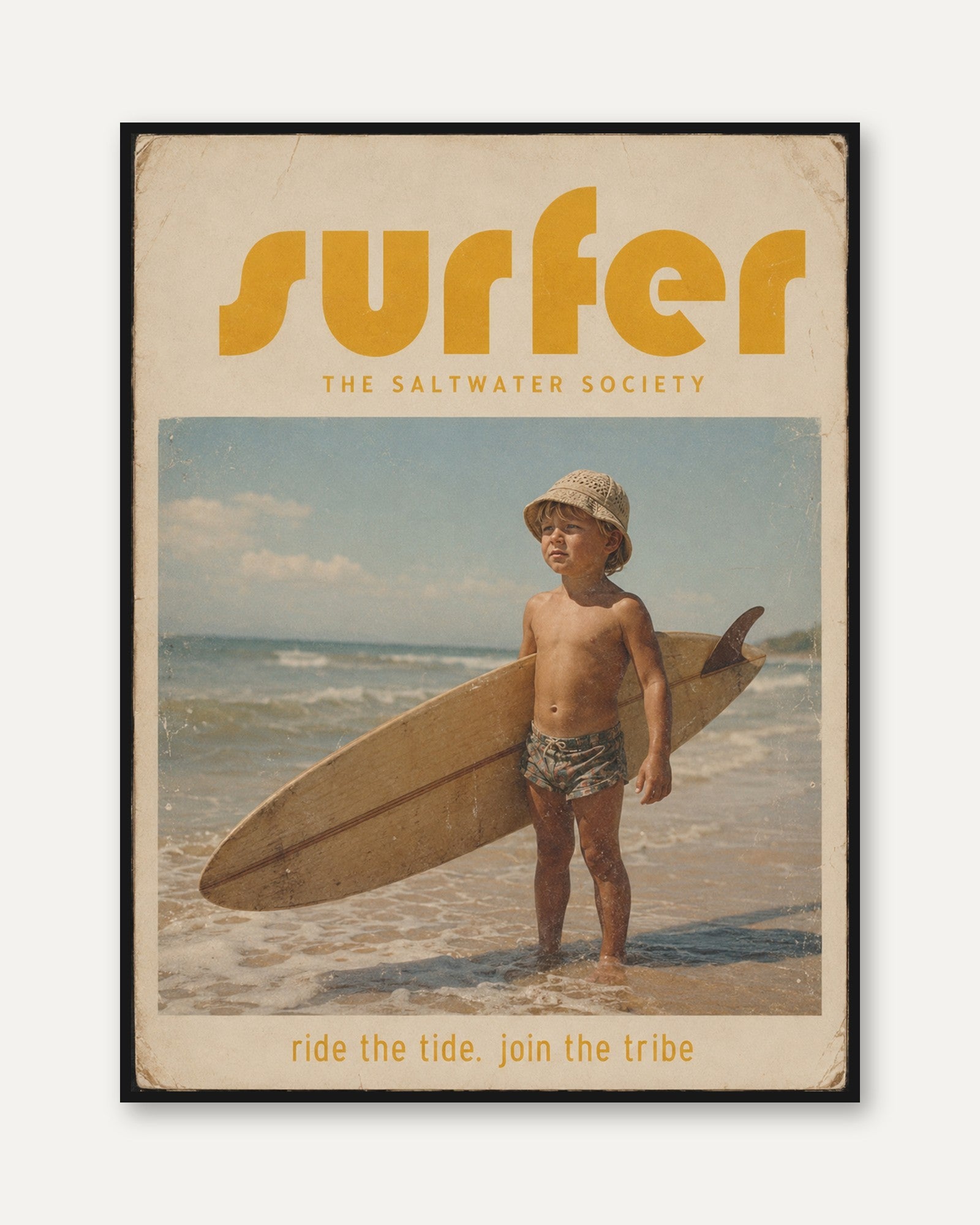 Vintage Surfer Print — Retro Beach Boy with Surfboard - framed