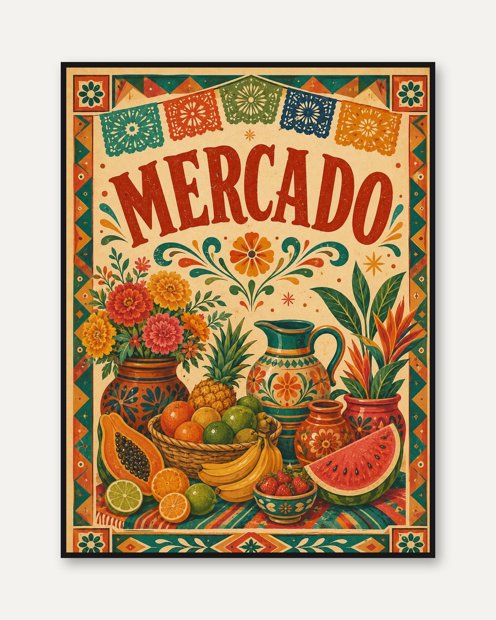 Folk Art Market Poster: Mexican Mercado Print - framed
