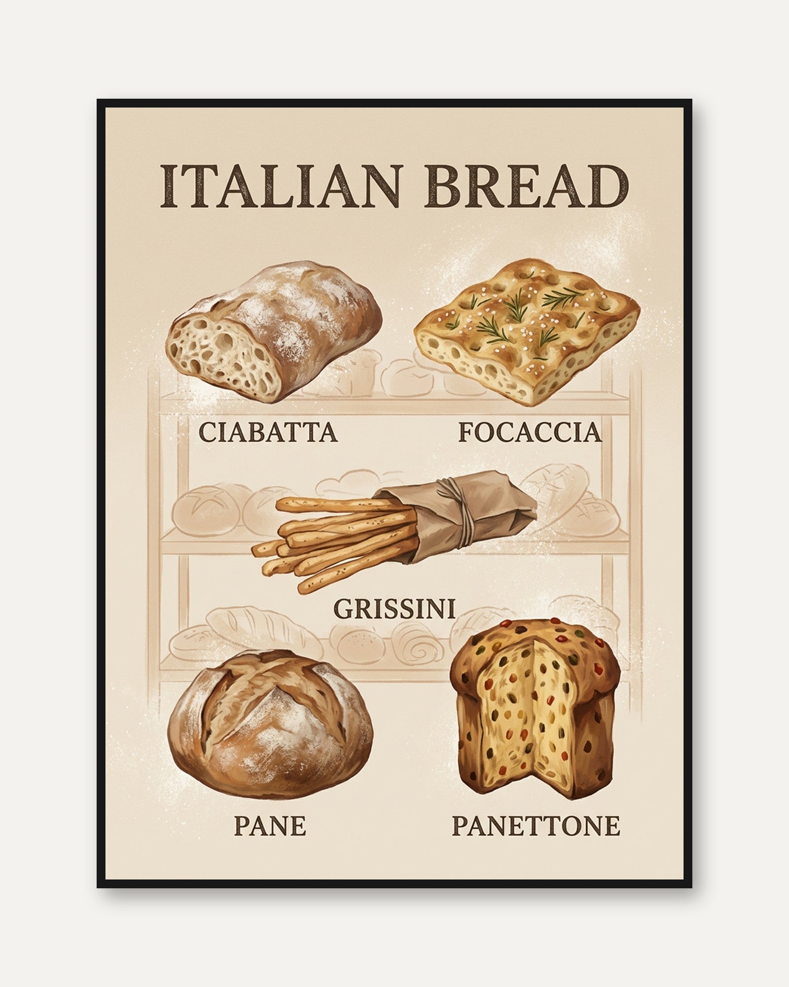 Italian Bread Varieties Poster: Vintage Kitchen Art Print - framed
