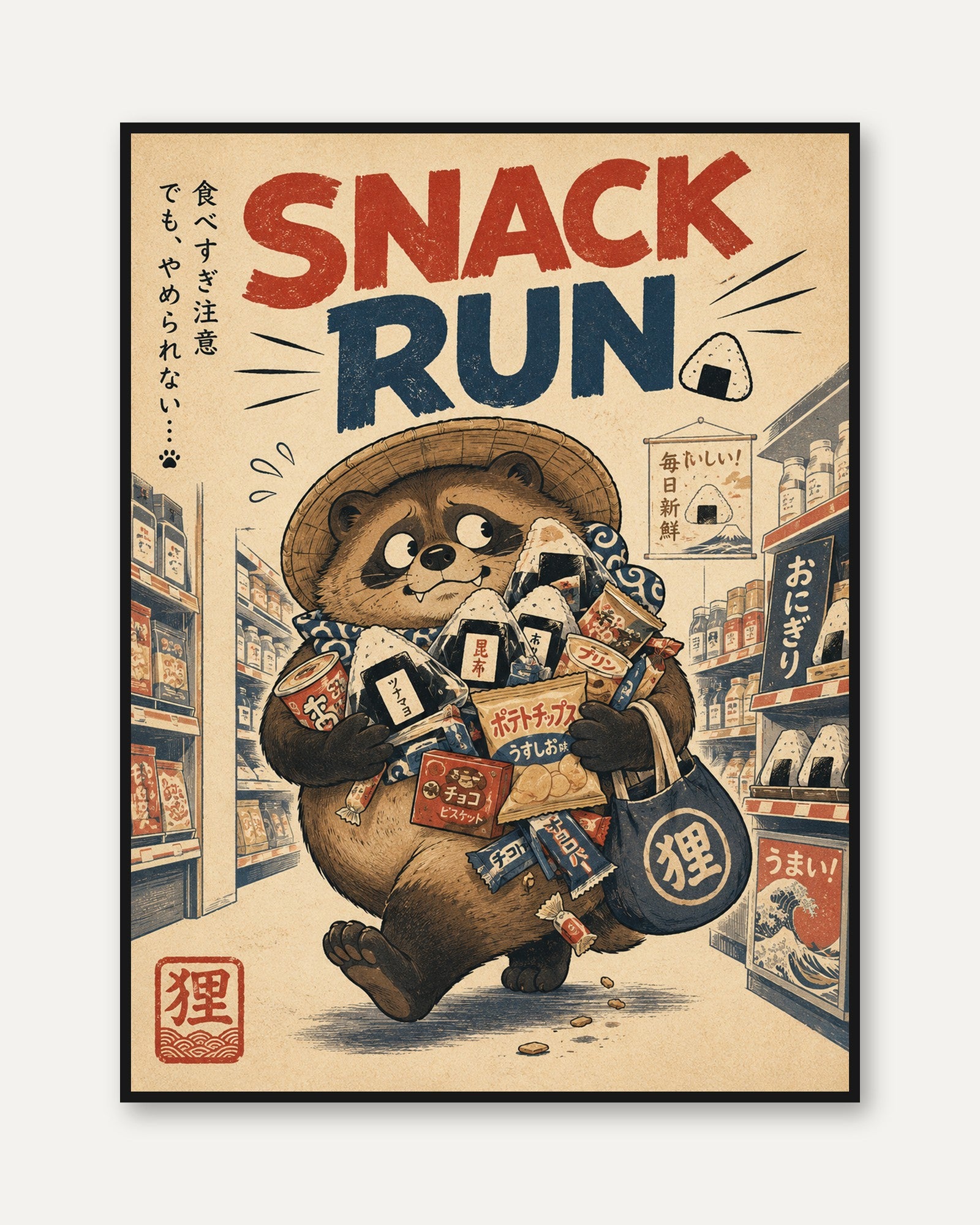 Japanese Raccoon Poster – Snack Run Retro Print - framed