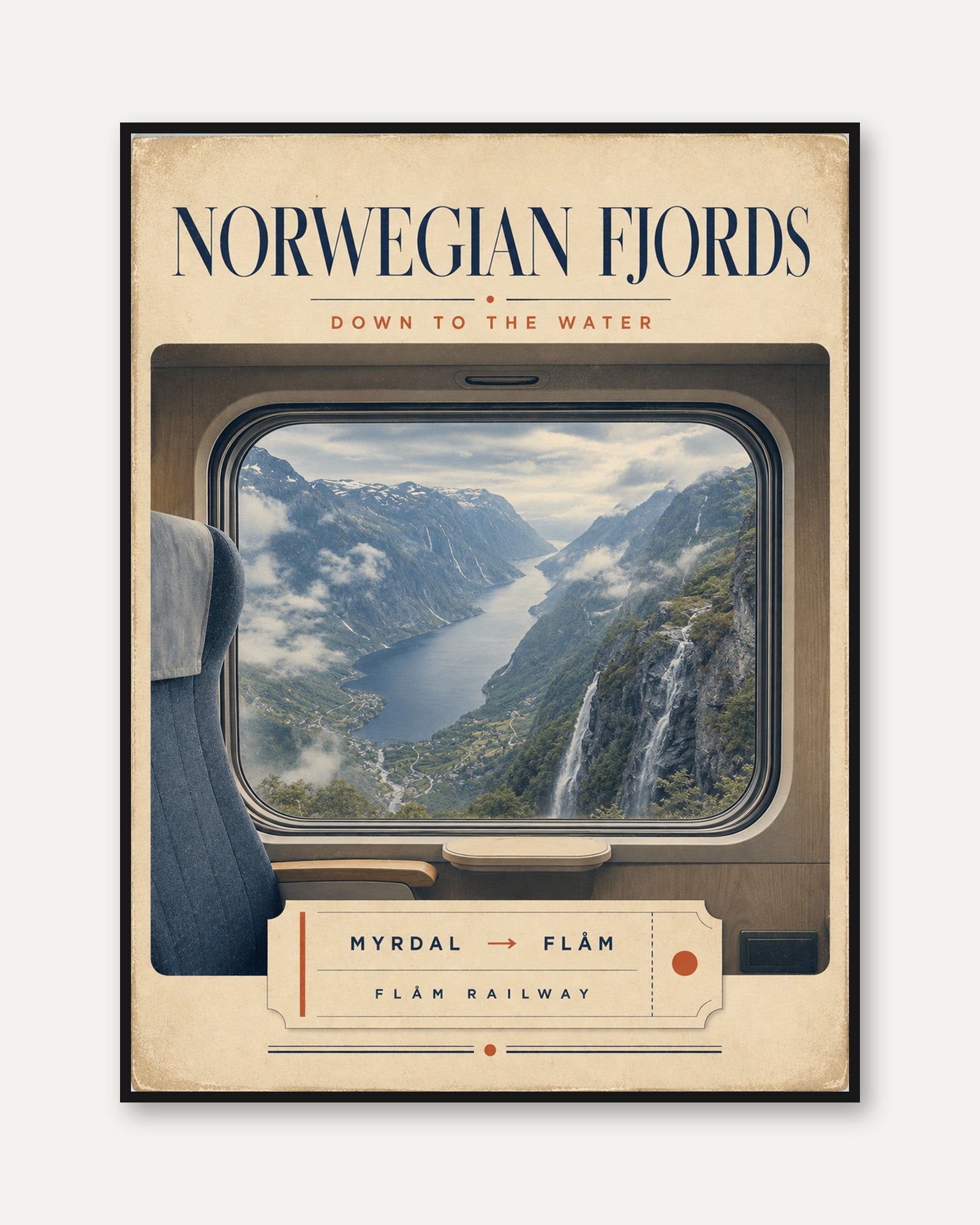 Norwegian Fjords Travel Poster: Vintage Railway Window Art Print - framed